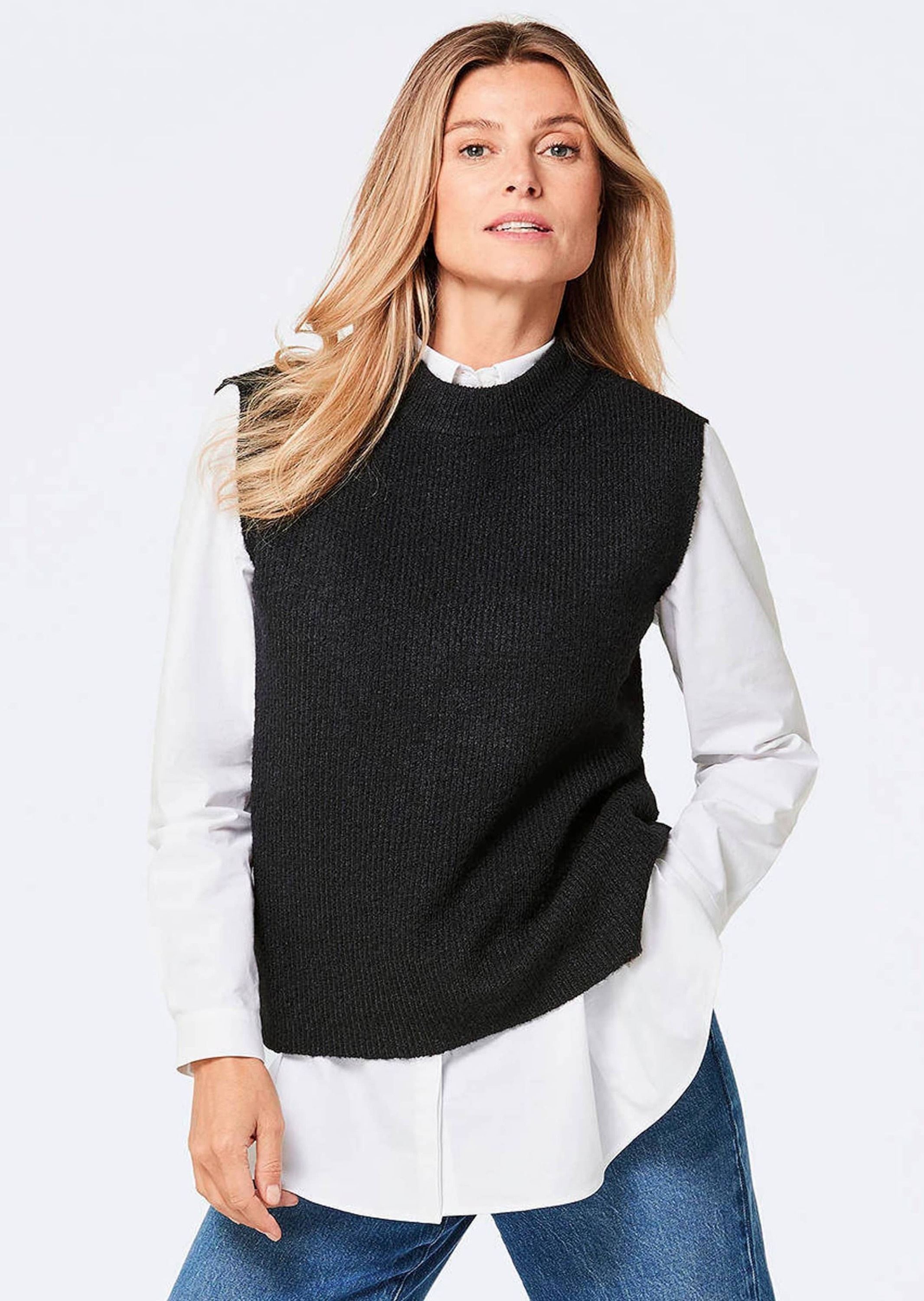 GOLDNER Rundhalspullover »Kurzgröße Edler Rippstrick Pullunder, Stehkragen« Leicht überschnittene Schulter