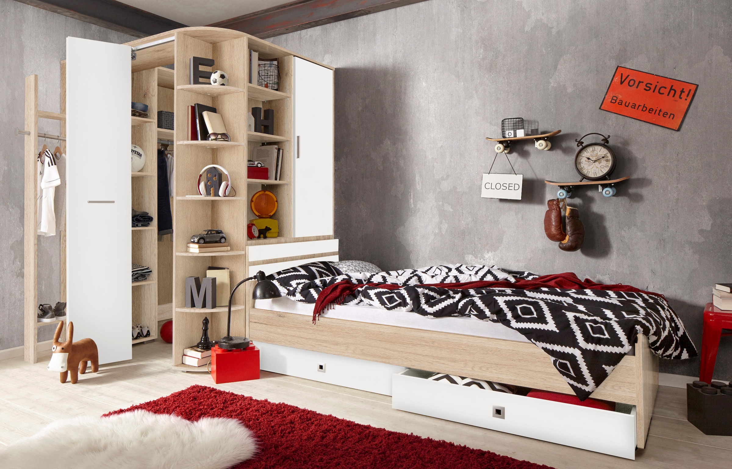 Wimex Jugendzimmer-Set »Joker Kleiderschrank mit Garderobe, Bett und Stauraumschubladen«, (Set, 4 tlg.)