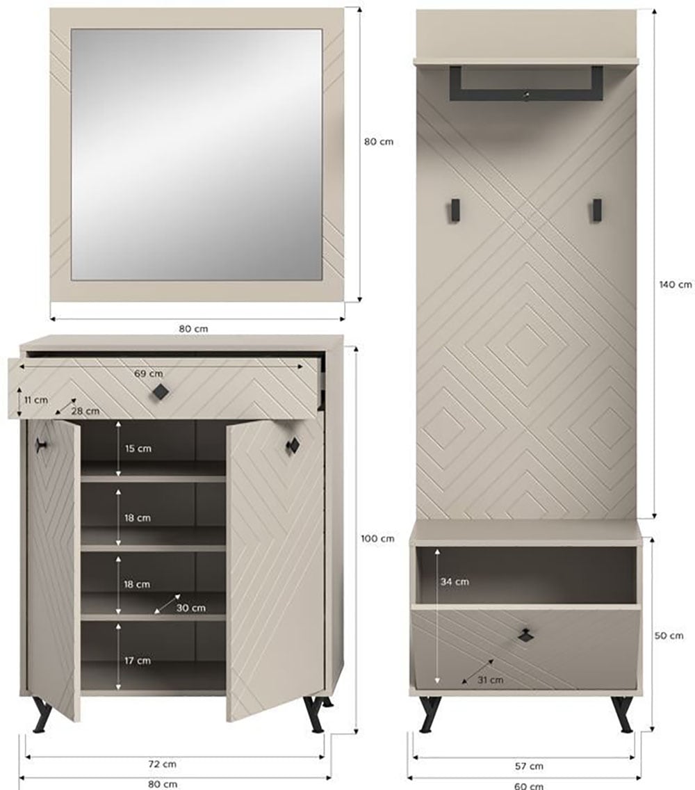 Home affaire Garderoben-Set »Mento, 4-teilig, Ornamentfräsung in der Front, bestehend aus:« Set, 4 Stk. tlg.