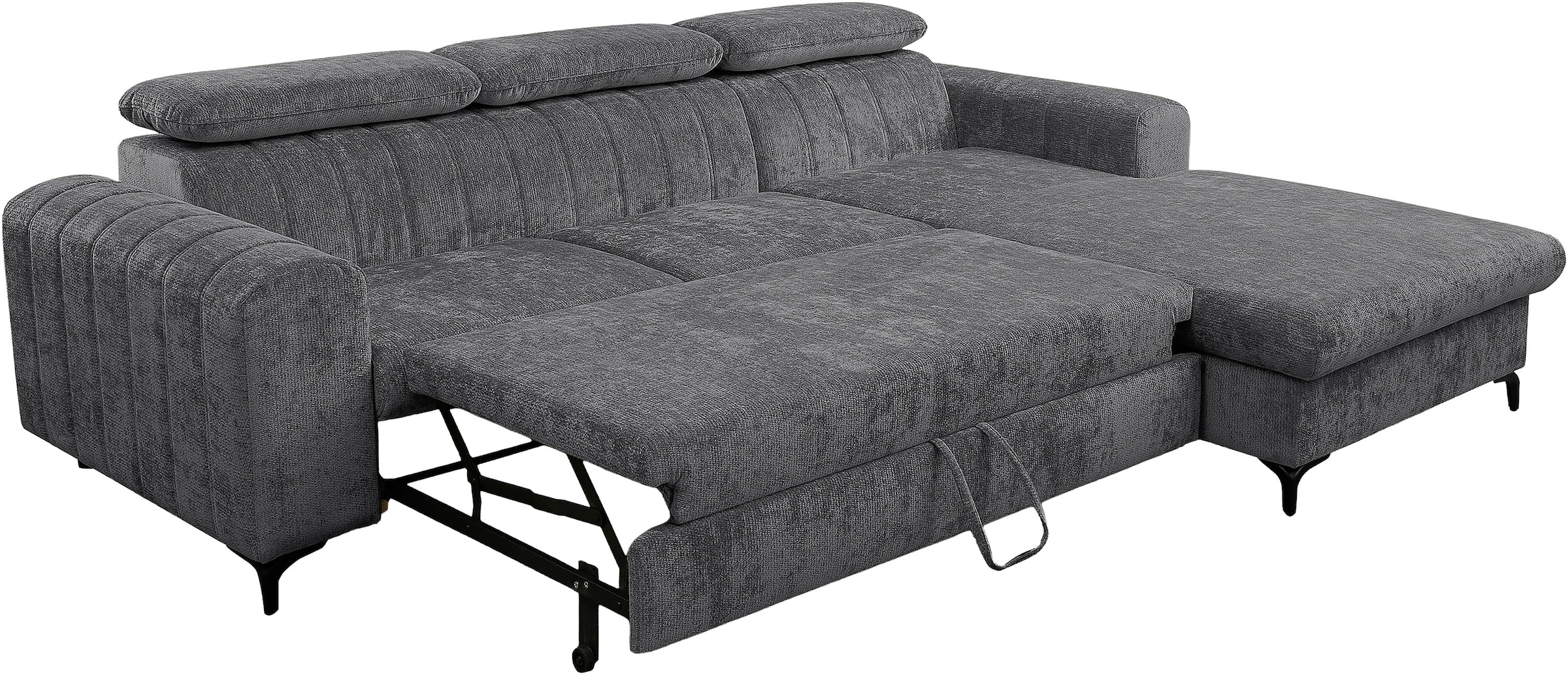 WERK2 Ecksofa »Foster L-Form mit Schlaffunktion und Bettkasten, 264 cm breit« 3 verstellbare Kopfstützen & Pfeifensteppung im Retro-Look