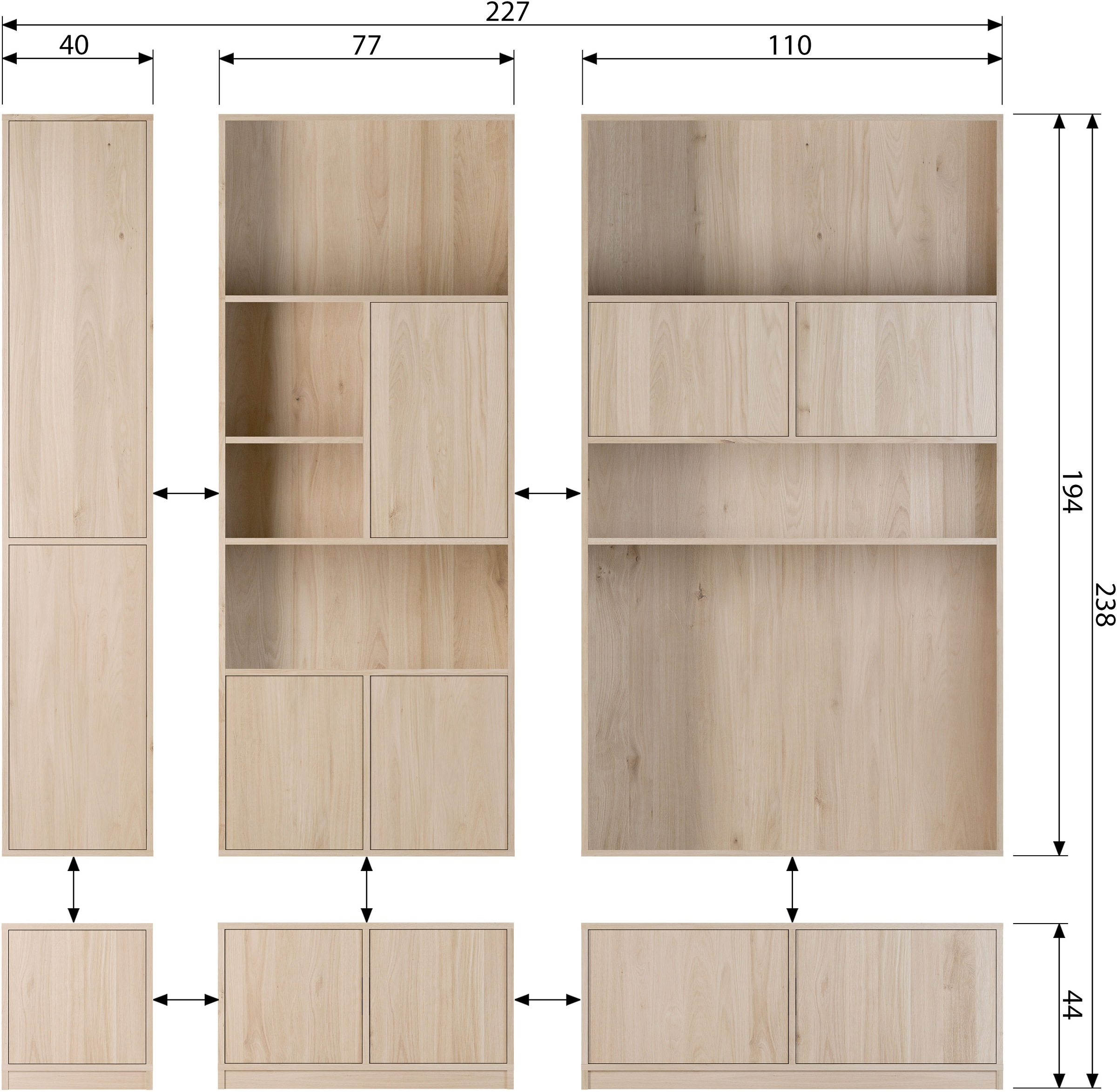 WOOOD Stauraumregal »Modulair mit Push-to-open und FSC® Eichenfurnier B110 x T40 x H199 cm« Vielfältige Fächergrößen, Tragkraft 15 kg pro Einlegeboden