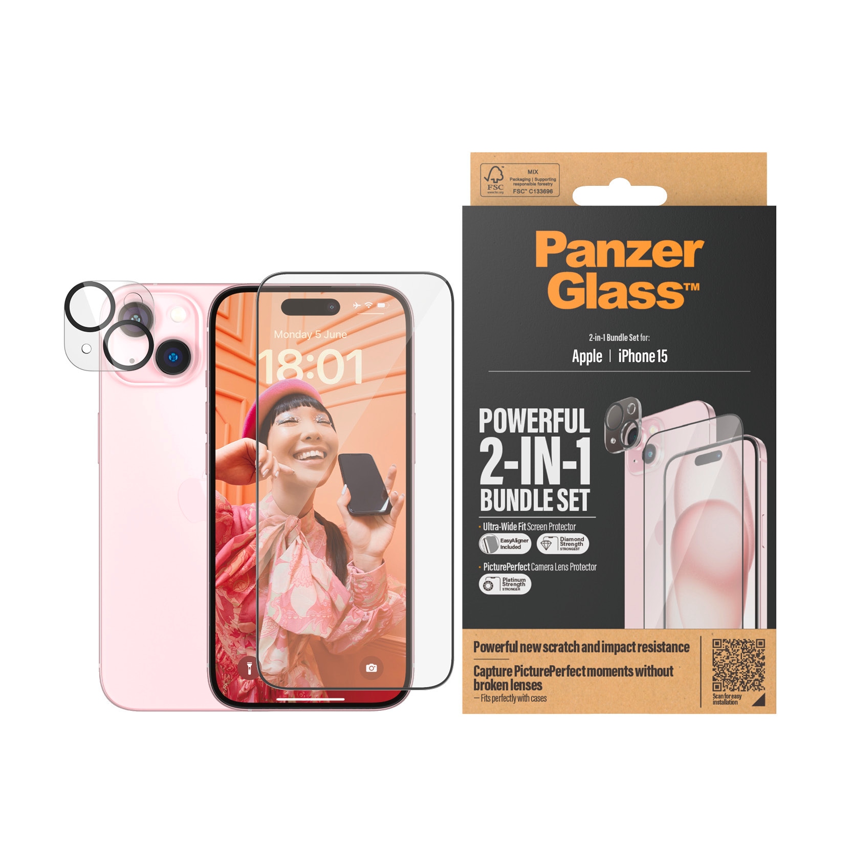 PanzerGlass Displayschutzglas »2-in-1-Pack Screen und Camera Protector«, für iPhone 15, Ultra Wide Fit