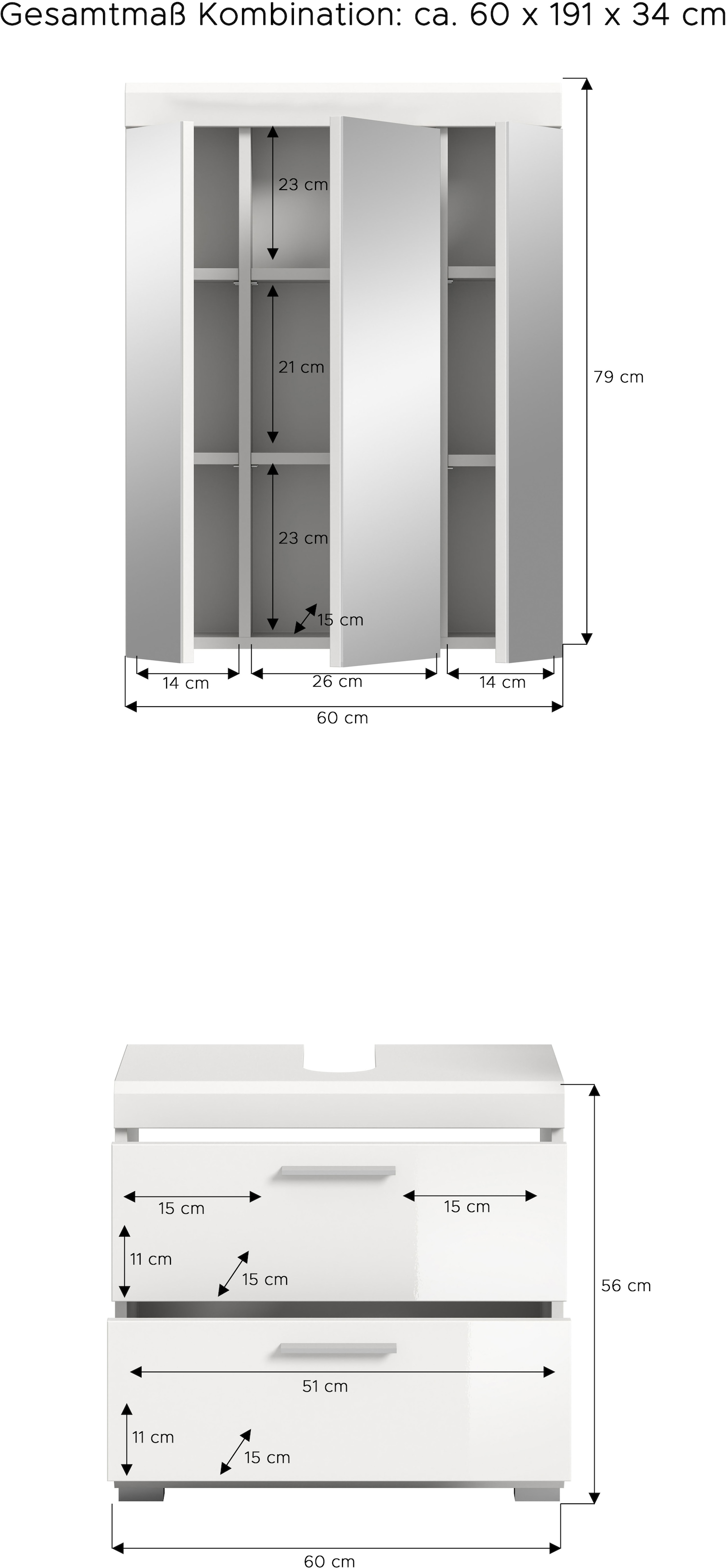 INOSIGN Badmöbel-Set »Siena, 2 tlg., bestehend aus: Waschbeckenunterschrank, Spiegelschrank«, (Set), in verschiedenen Farben erhältlich, Badmöbel, Kombination, Badezimmer