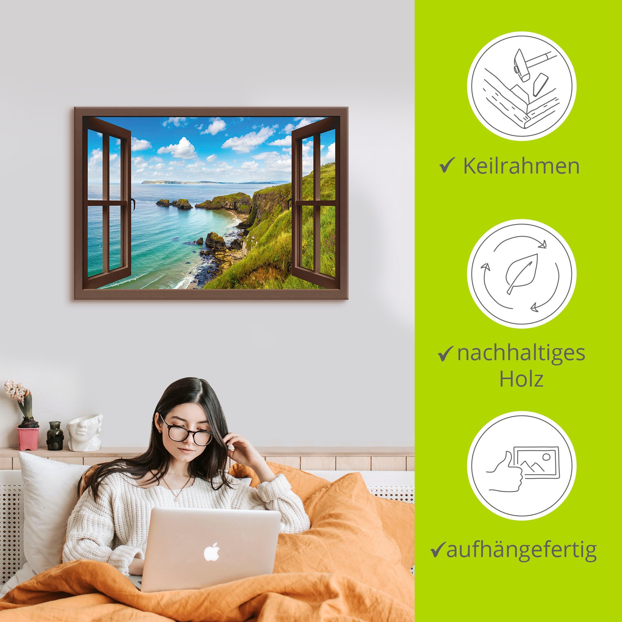 Artland Wandbild »Küstenweg in Nordirland durchs Fenster«, Meer Bilder, (1 St.), als Alubild, Outdoorbild, Leinwandbild, Wandaufkleber, versch. Größen