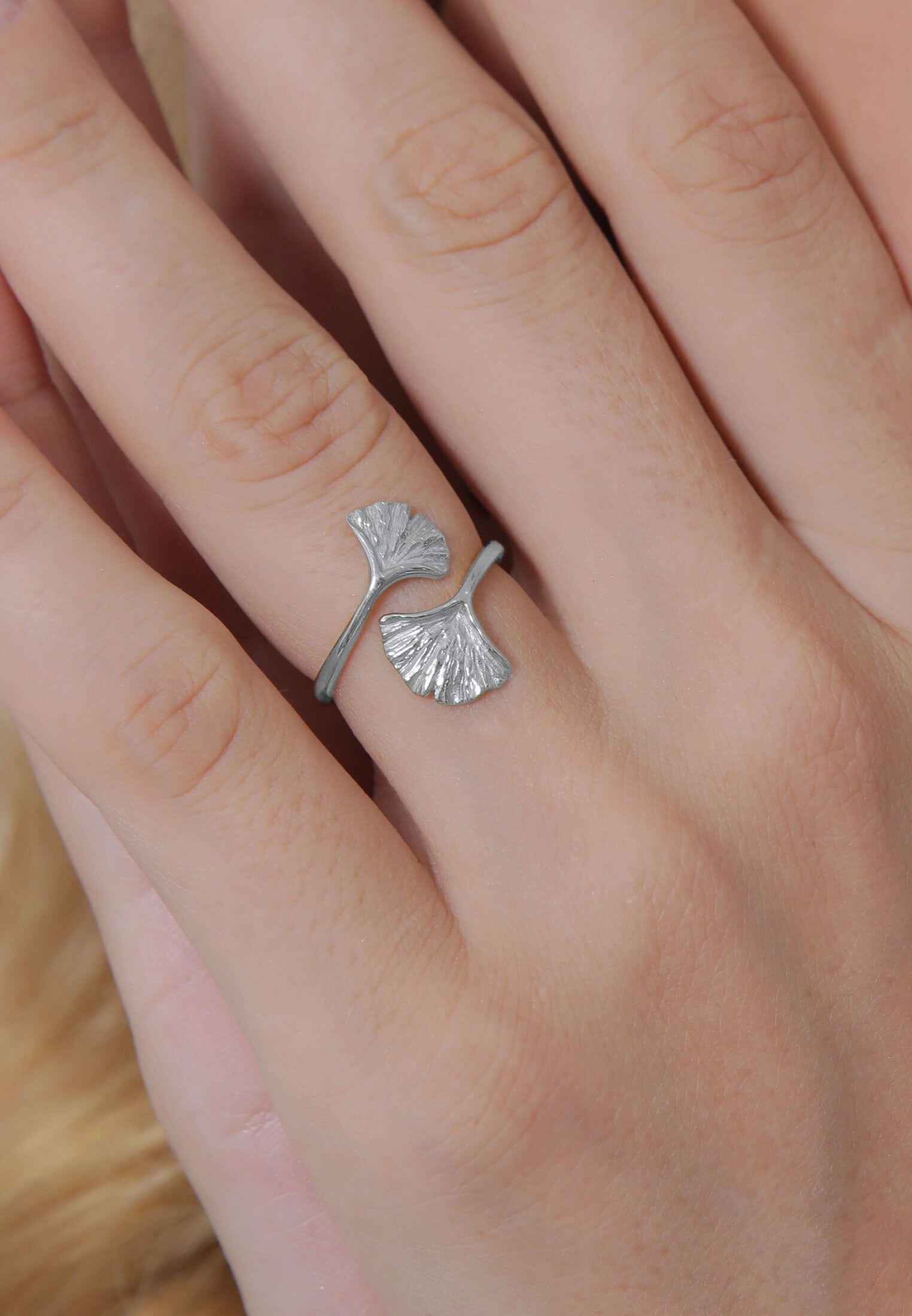 Elli Silberring »Ring Verstellbar offen Ginkgo Blatt Natur 925 Silber«