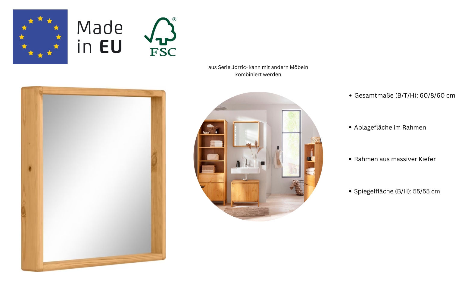 OTTO products Badspiegel »Jorrick«, Rahmen aus FSC®-zertifiziertem Massivholz Kiefer, Breite 60 cm