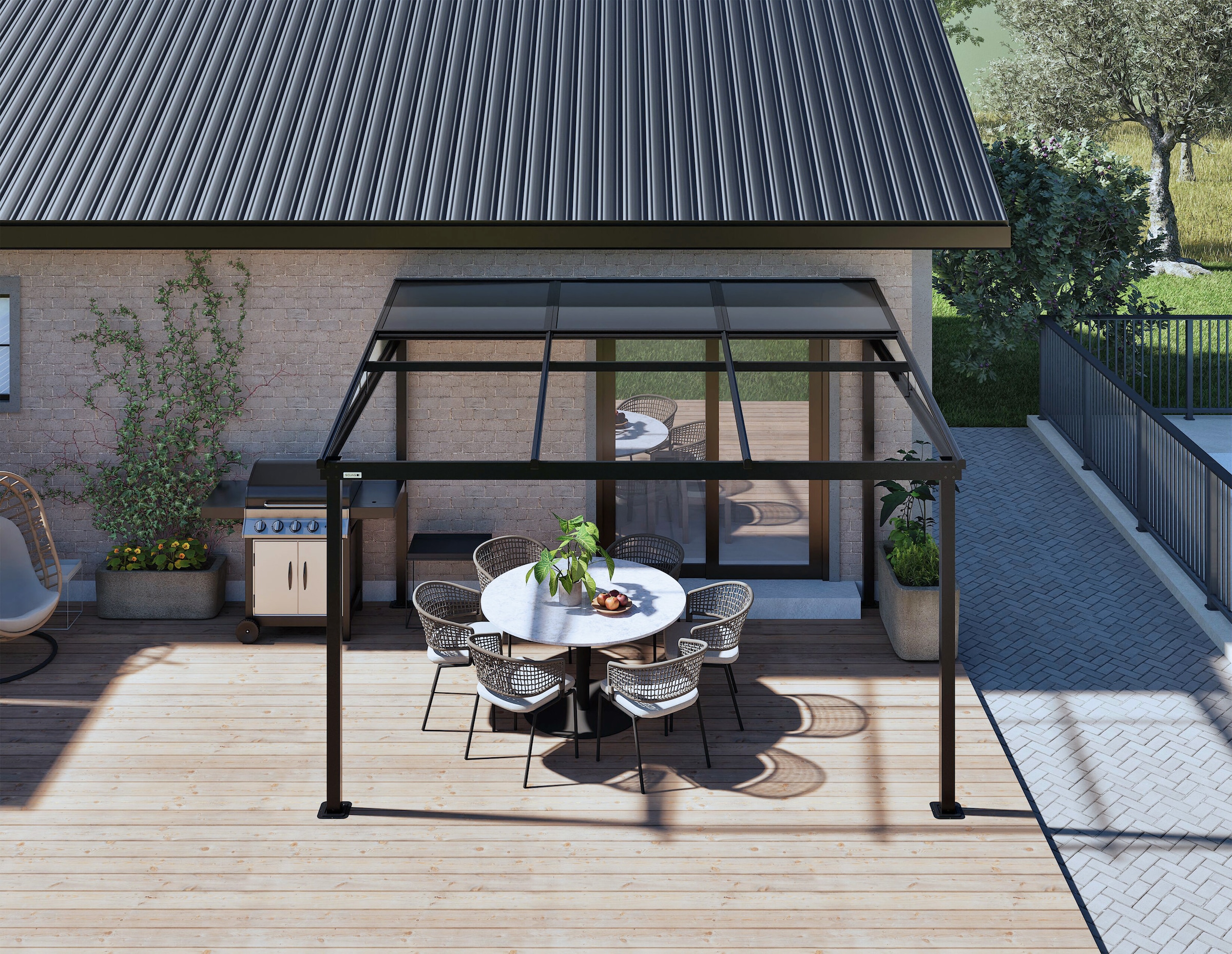 Sojag Terrassendach »Terrassenüberdachung Budavar Schwarz« Inkl. Moskitonetzen & Vorhängen
