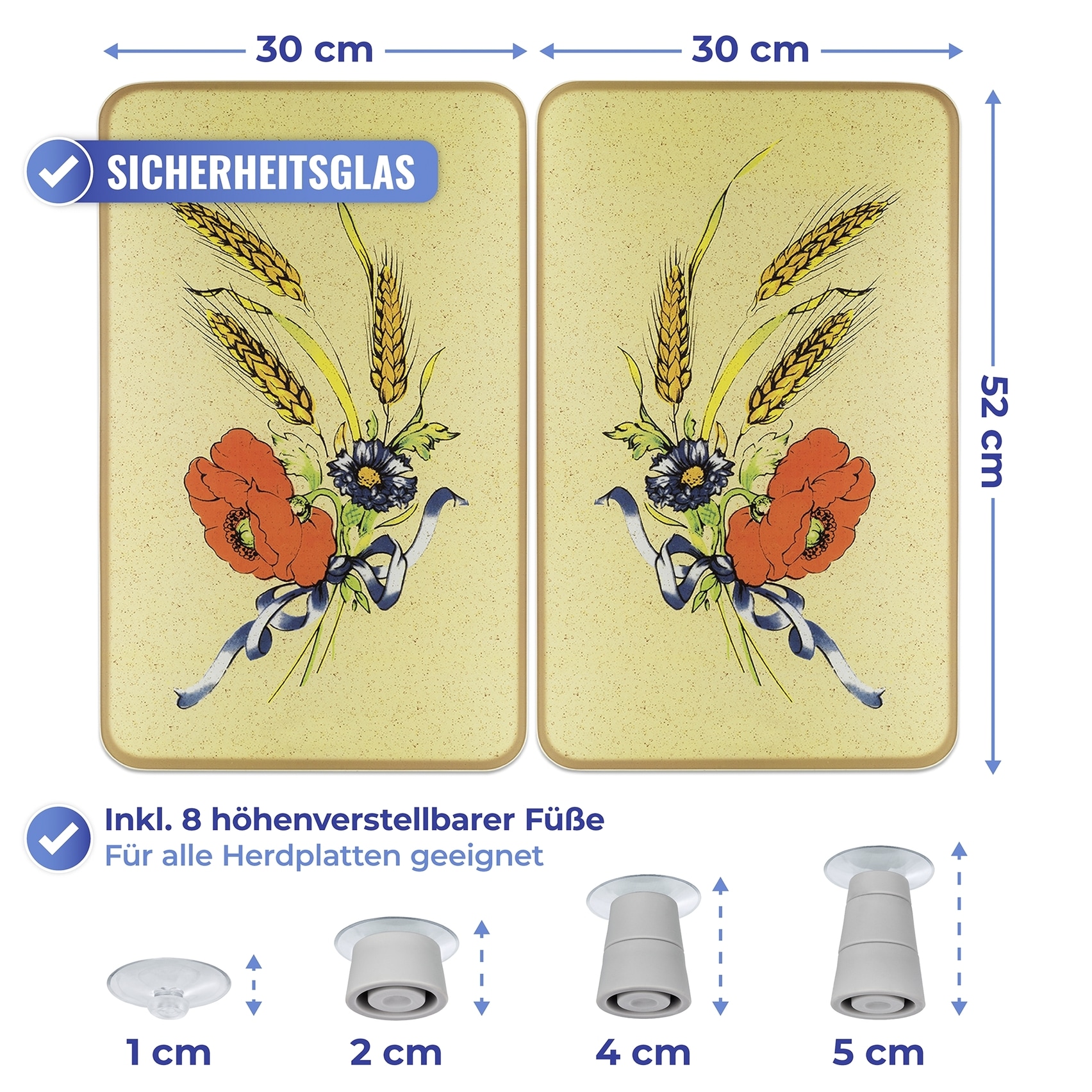 Maximex Herd-Abdeckplatte »Universal Modell Kornblumen«, (Set, 2 tlg.), Herdabdeckung für alle Herdarten, kratzfest, mit rutschfesten Füßen