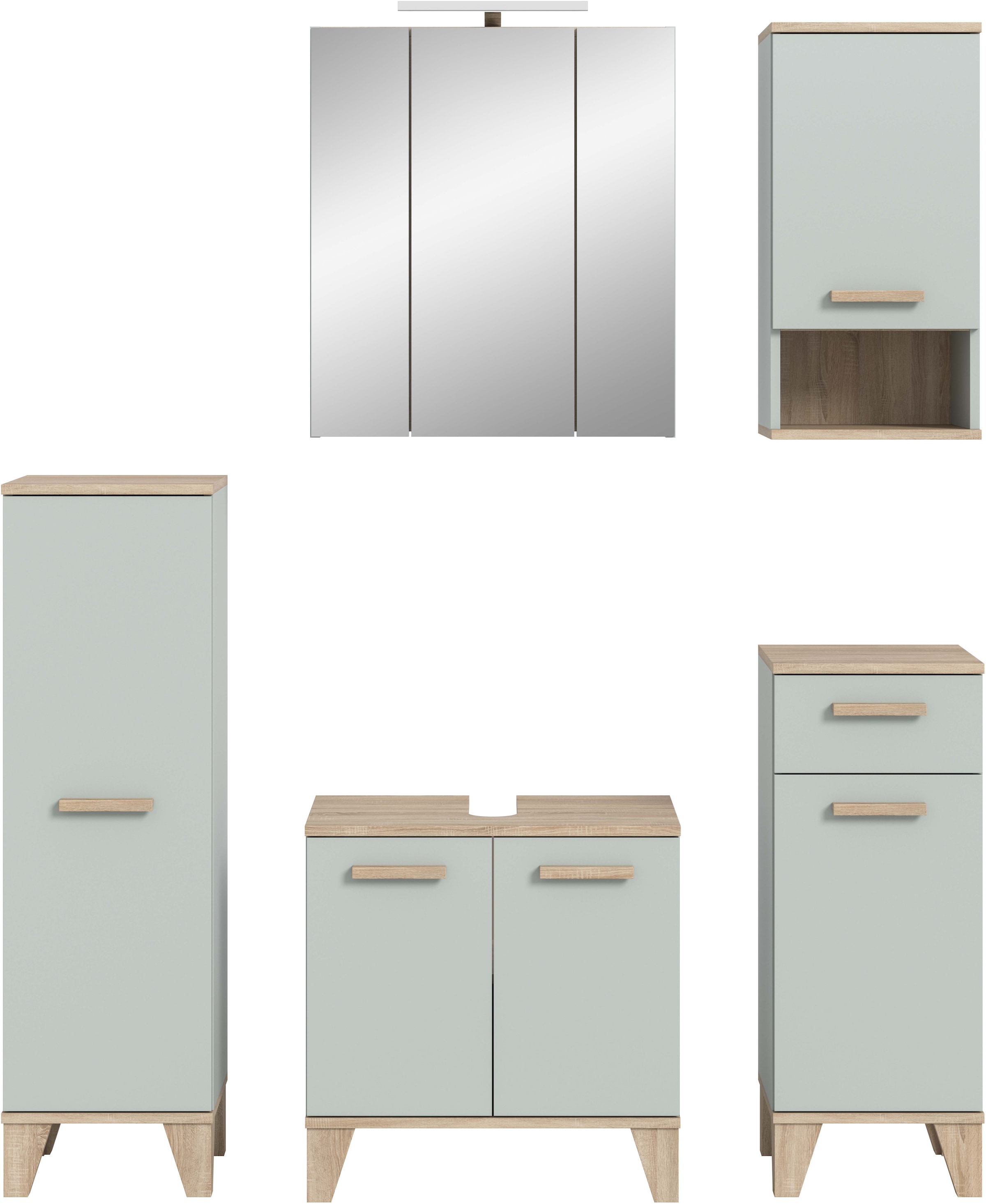 welltime Badmöbel-Set »MINTTU, 5-teilige moderne Badkombi im SCANDI-Look, inkl. Beleuchtung« bestehend aus: 2x Midischrank, WBU, Spiegelschrank, Hängeschrank, 5 Stk. tlg.