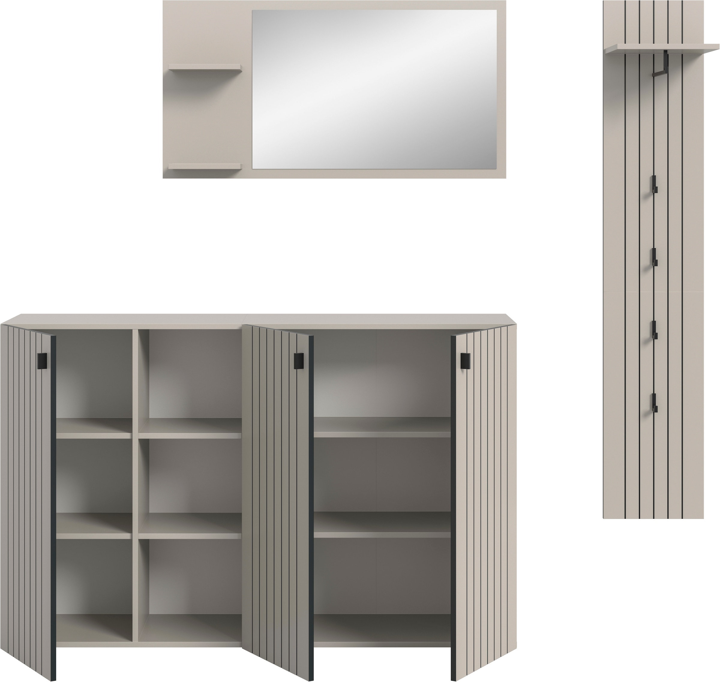 Home affaire Garderoben-Set »TATIO, 3-tlg. Garderobenkombination, Breite: 201 cm, Rillenfräsung« Set, Set, best. aus: 1 Spiegel, 1 Garderobenpaneel, 1 Schuhkommode, 3 Stk. tlg.