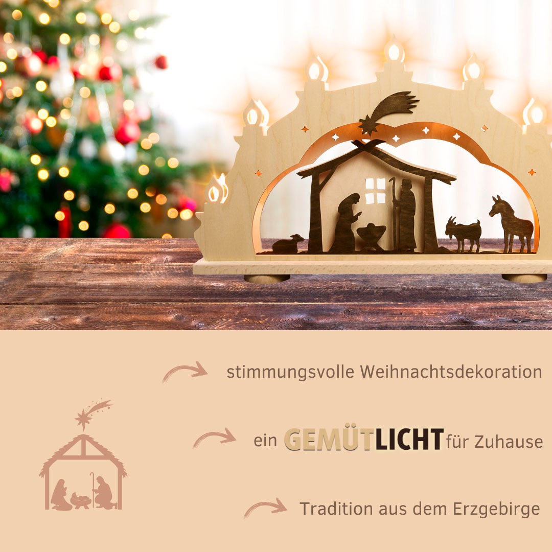 Weigla LED Schwibbogen »Christi Geburt, Lichterbogen Rustikal Lanhausstil, Holz,NATUR-BRAUN«, Erzgebirge garantiert, Weihnachtsdeko Innen, Weihnachtsbeleuchtung