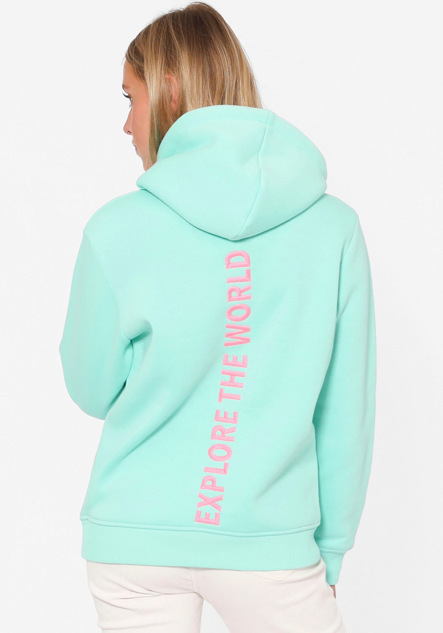 Zwillingsherz Hoodie »"Explore the World"«, "Explore the World" mit Kapuze, Hundemotiv vorne und Stickerei hinten