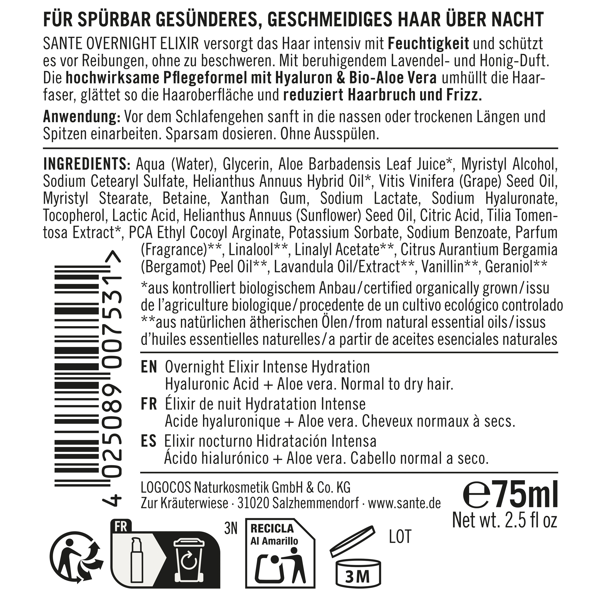 SANTE Haarelexier »OVERNIGHT ELIXIER INTENSE HYDRATION« für normales bis trockenes Haar, mit Hyaluron und Aloe Vera, vegan