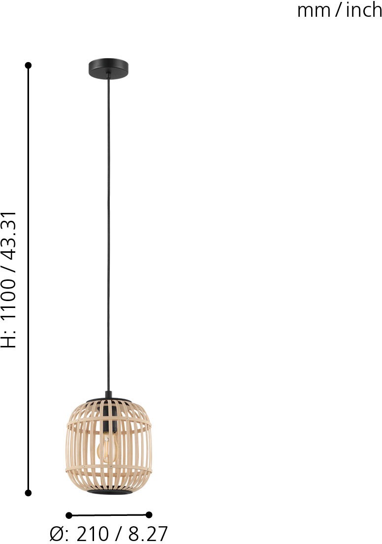 EGLO Hängeleuchte »BORDESLEY Pendellampe, E27, Stahl und Holz, Wohnzimmerlampe, Lampe«, 1 flammig, Leuchtmittel E27 | ohne Leuchtmittel, Schlafzimmer, Esstischlampe, H110 x Ø21cm, schwarz, natur, 1X28W exkl.