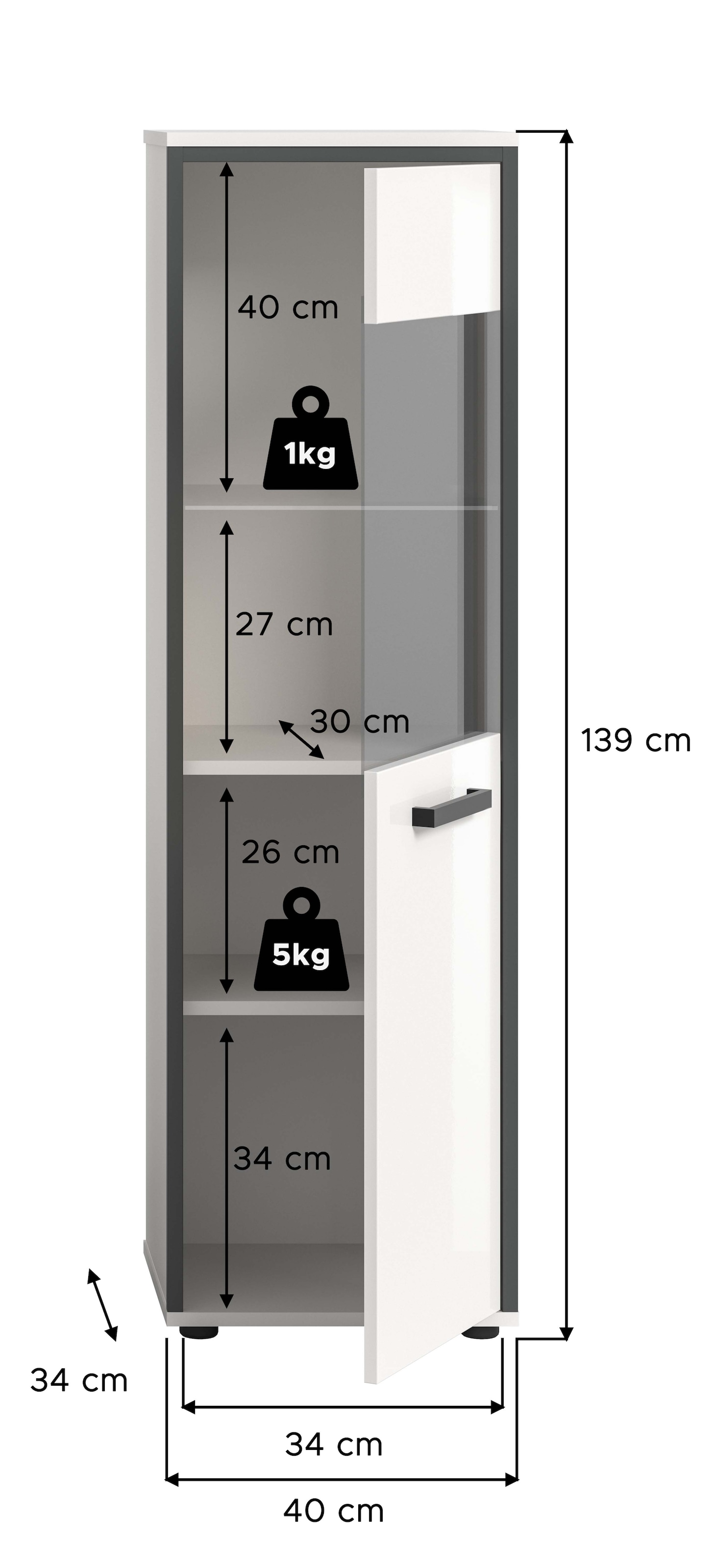 welltime Midischrank »KAJO, hochglanz Front, 1 Glastür, 1 Glas Einlegeboden, 4 Fächer« 1 Stk. tlg. Badschrank, Midischrank, Bad, Badezimmer