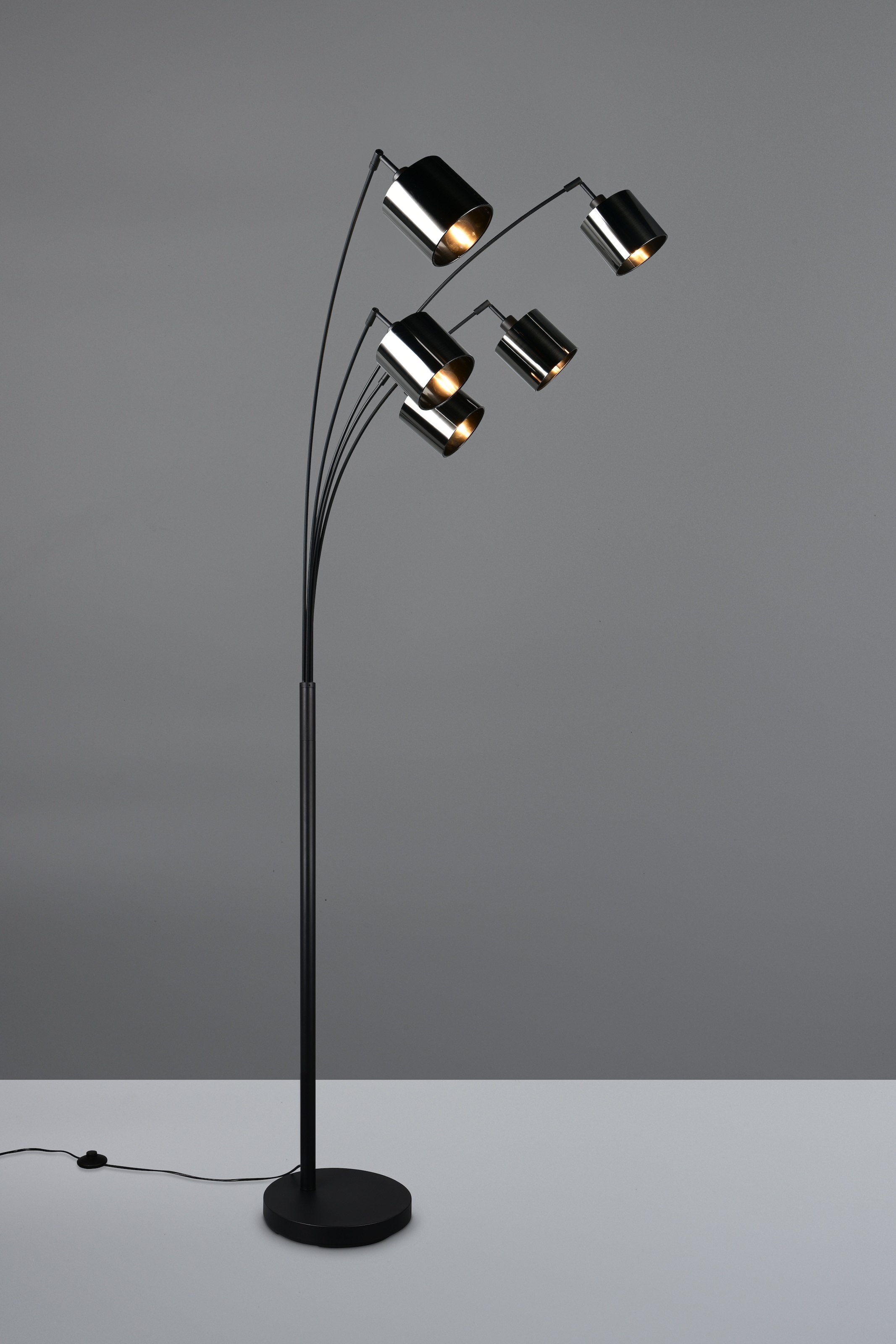 REALITY Leuchten Stehlampe »JASON, Stehleuchte 5-flammig exkl 5x E14 max 10W, Höhe 200cm 72cm tief« E14 1 Stk. warmweiß - kaltweiß Bogenleuchte Metall schwarz, Lampenschirme rauchgrau, Fußschalter