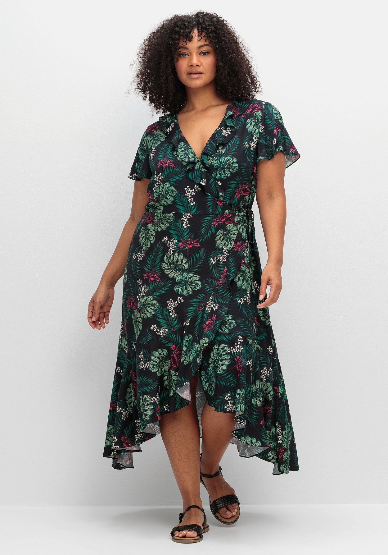 Sommerkleid »Wickelkleid mit Tropenprint und Volant«, mit Tropenprint und Volant