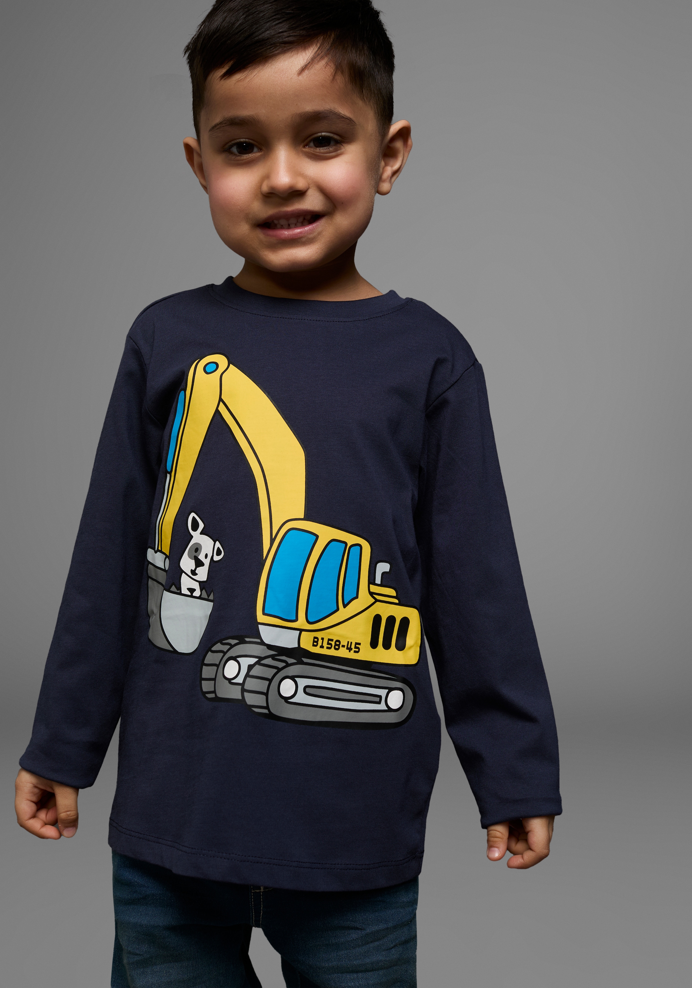 KIDSWORLD Langarmshirt »HUND MIT BAGGER«, Langarm, Basic-Passform, mit stylischem Druck, Rundhalsausschnitt