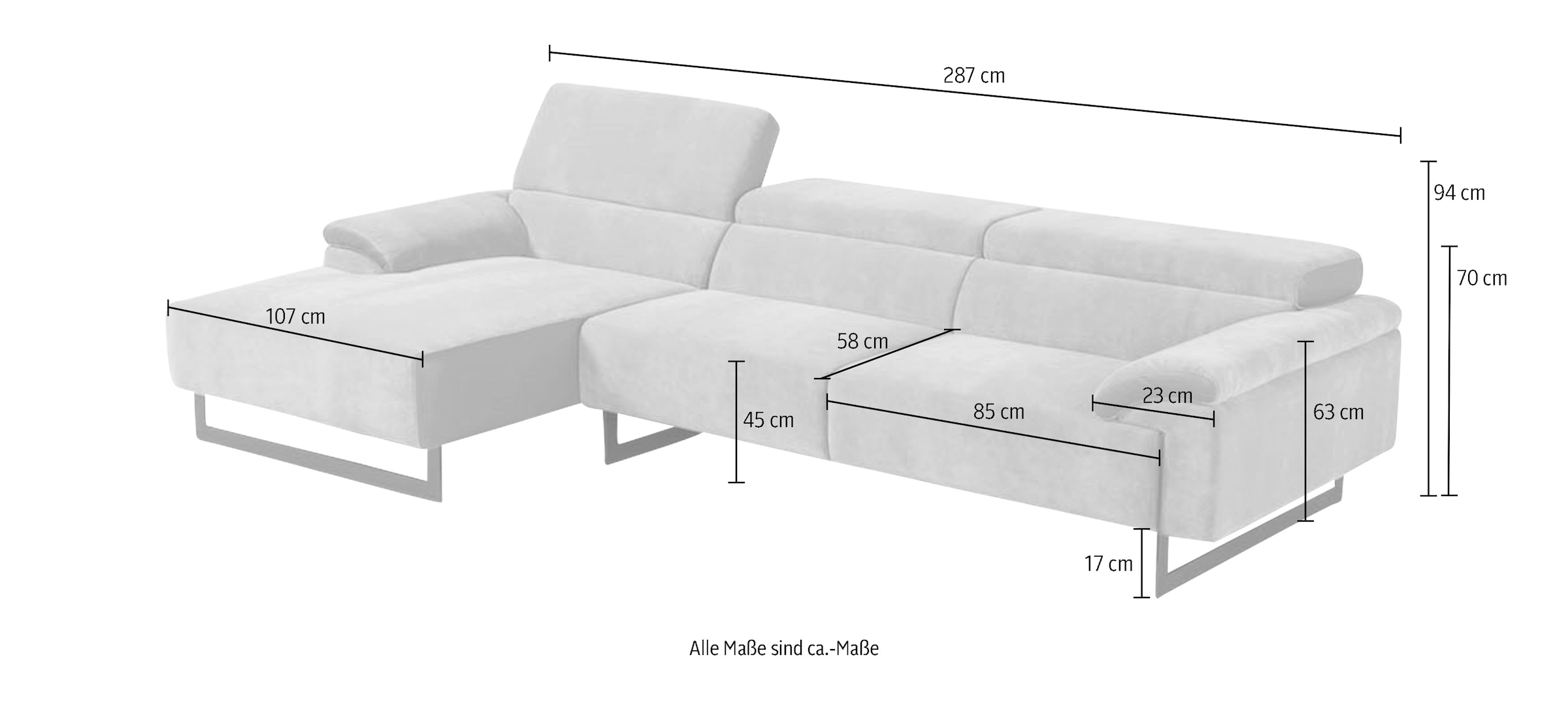 Egoitaliano Ecksofa »Malika, edel und bequem, Designsofa mit hochwertigen Bezügen, L-Form« mit Recamiere, inkl. Kopfteilverstellung und chromfarbenen Metallfüßen