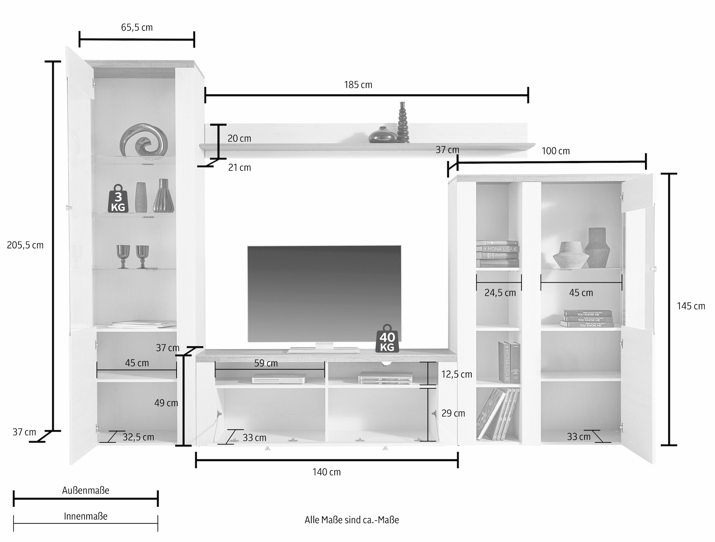 Home affaire Wohnwand »Larona, Anbauwand, Set 4 Teilig«, (Set, 4 St.), bestehend aus 1 TV-Board, 1 Highboard, 1 Vitrine, 1 Wandregal