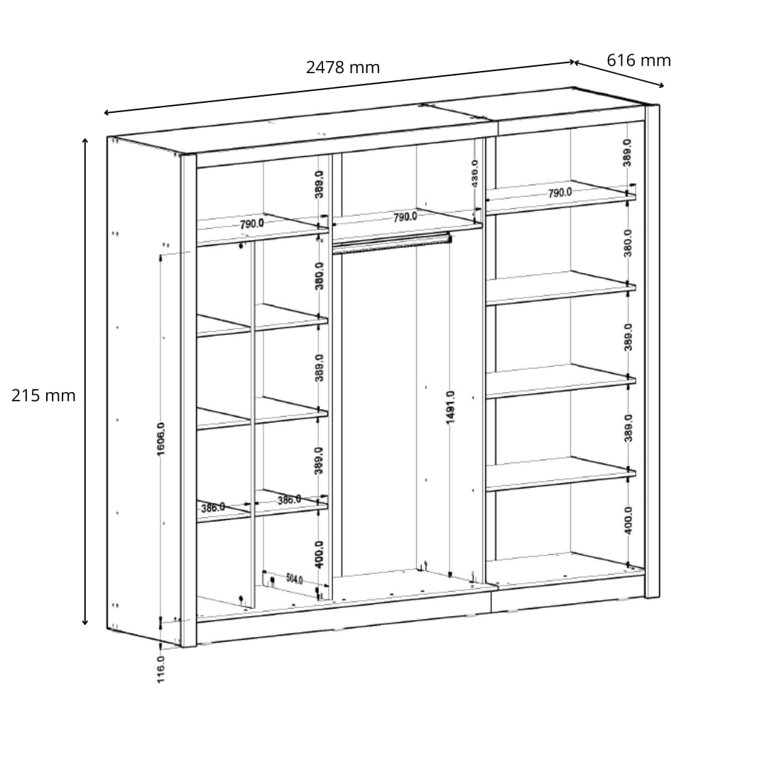 Home affaire Kleiderschrank »BELAVIEN Schwebetürenschrank mit 15 Fächer, Kleiderstange und Spiegel« Garderobe mit 3 Schwebetüren und Spiegel, Maße B/T/H: 247,8/61,6/215