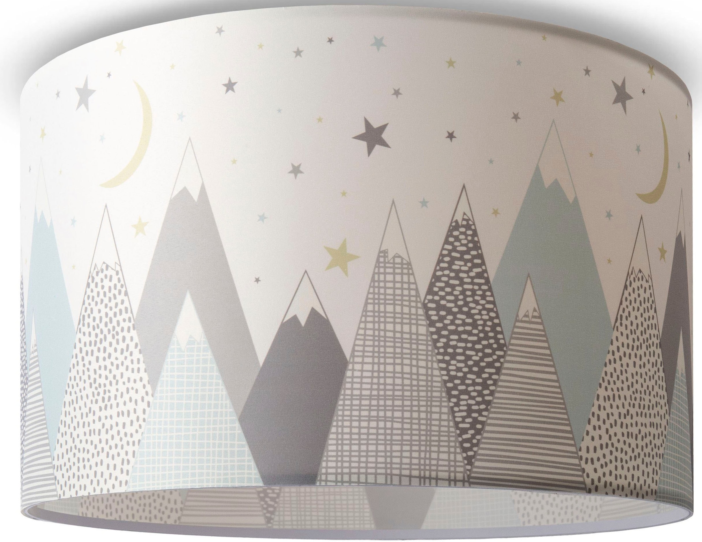 Paco Home Deckenleuchte »Hugo Cosmo« E27 Kinderzimmer Stoffschirm Kinderlampe Deckenleuchte Berge Mond Stern in weiß, Größe Ø 45,5 cm Höhe: 29,5 cm