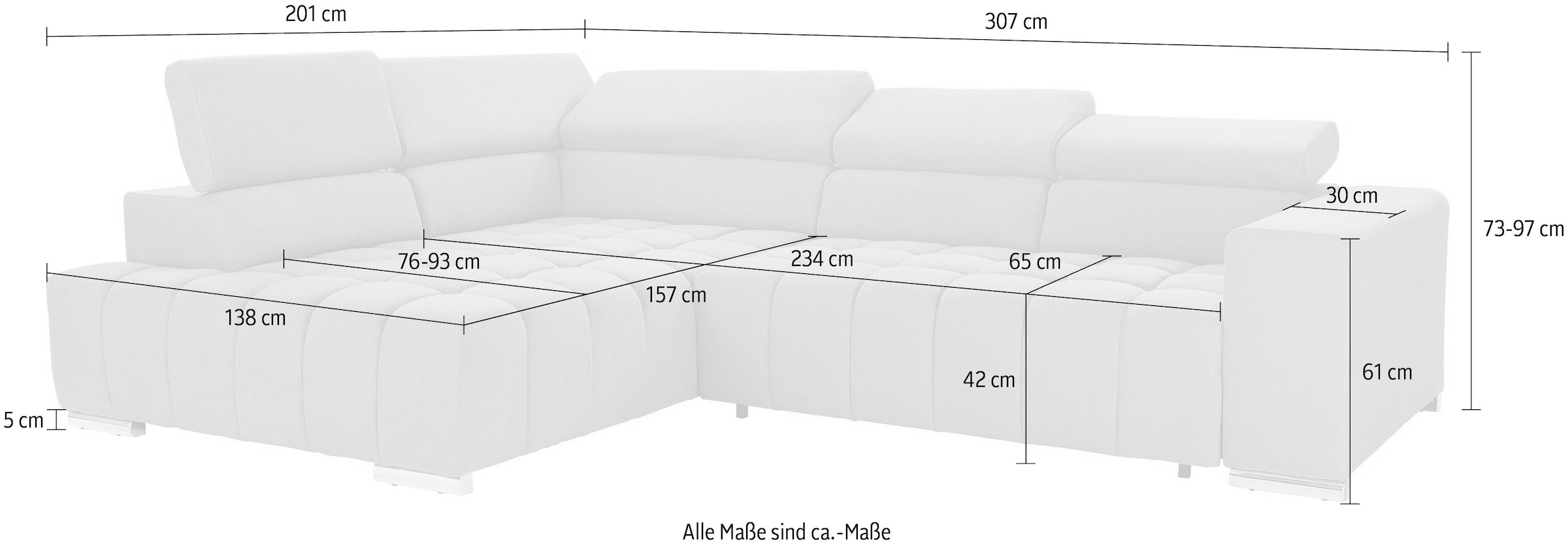 exxpo - sofa fashion Ecksofa »Elias, aktuelle Kreuzsteppung im Sitz, bequem, Breite 307cm, L-Form« mit Kopf- bzw. Rückenverstellung, wahlweise mit Bettfunktion