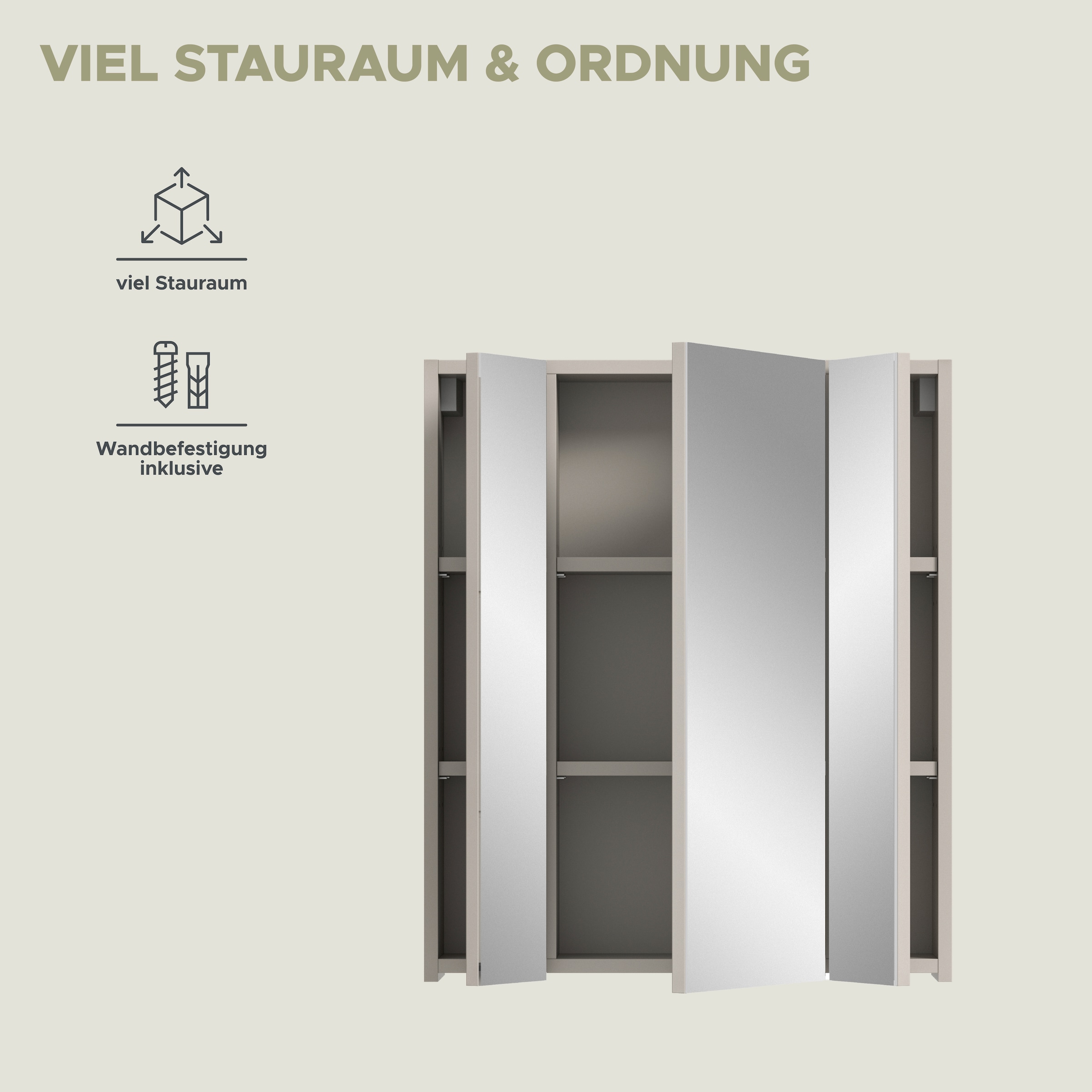 Home affaire Badezimmerspiegelschrank »Malmö, Breite 60 cm, 3 Spiegeltüren, 9 Fächer, 6 Einlegeböden« 1 Stk. tlg. in verschiedenen Farben erhältlich, Badmöbel, Spiegel, Badschrank, Bad
