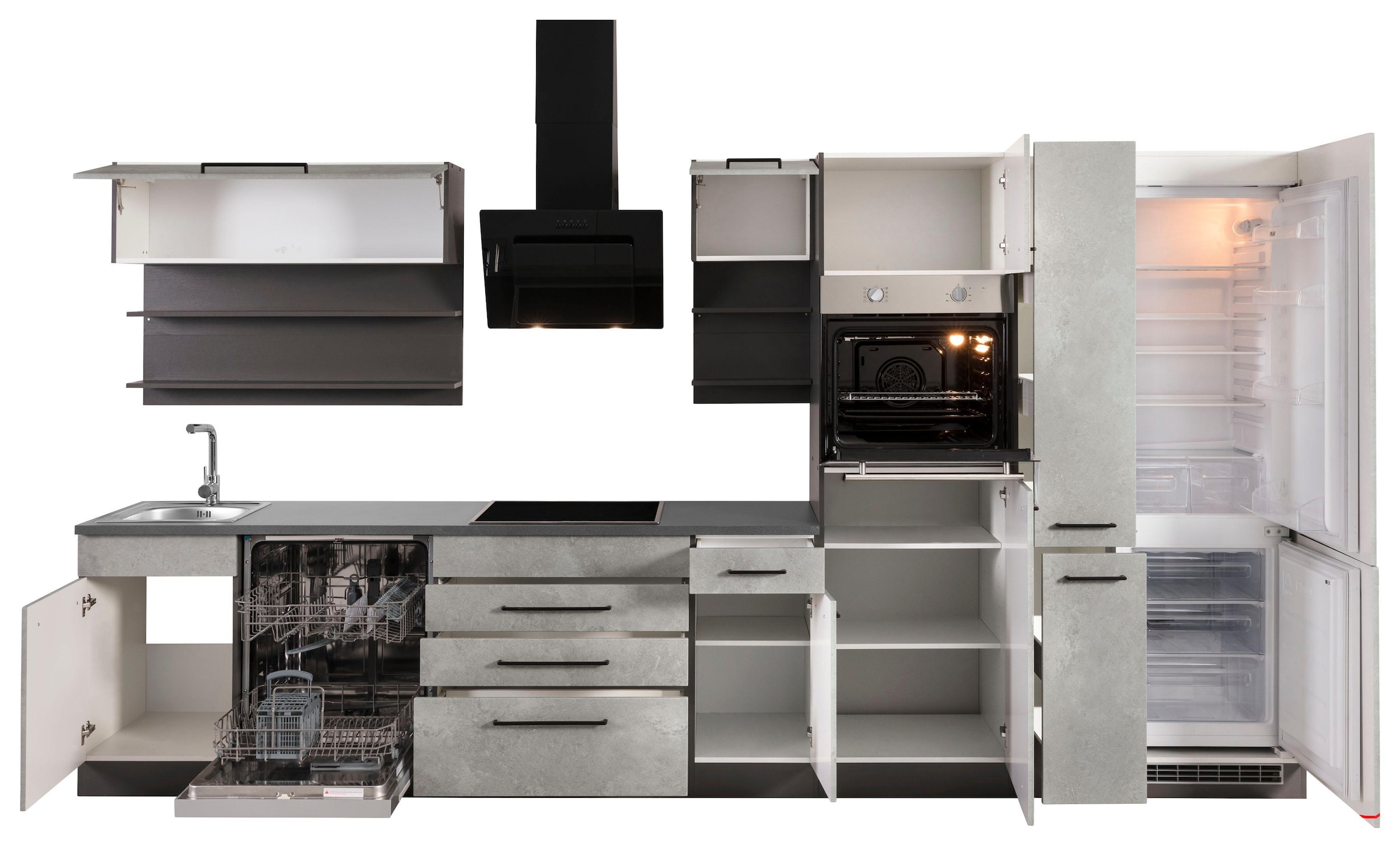 KOCHSTATION Küchenzeile »KS-Tulsa«, ohne E-Geräte, Breite 380 cm, schwarze Metallgriffe, MDF Fronten