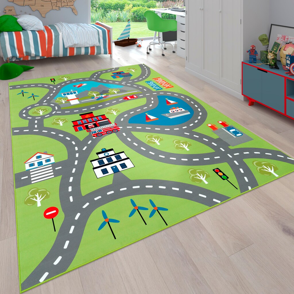 Paco Home Kinderteppich »Bino 562«, rechteckig, 9 mm Höhe, Kurzflor, Straßen-Spiel-Teppich, Motiv Flughafen, Kinderzimmer