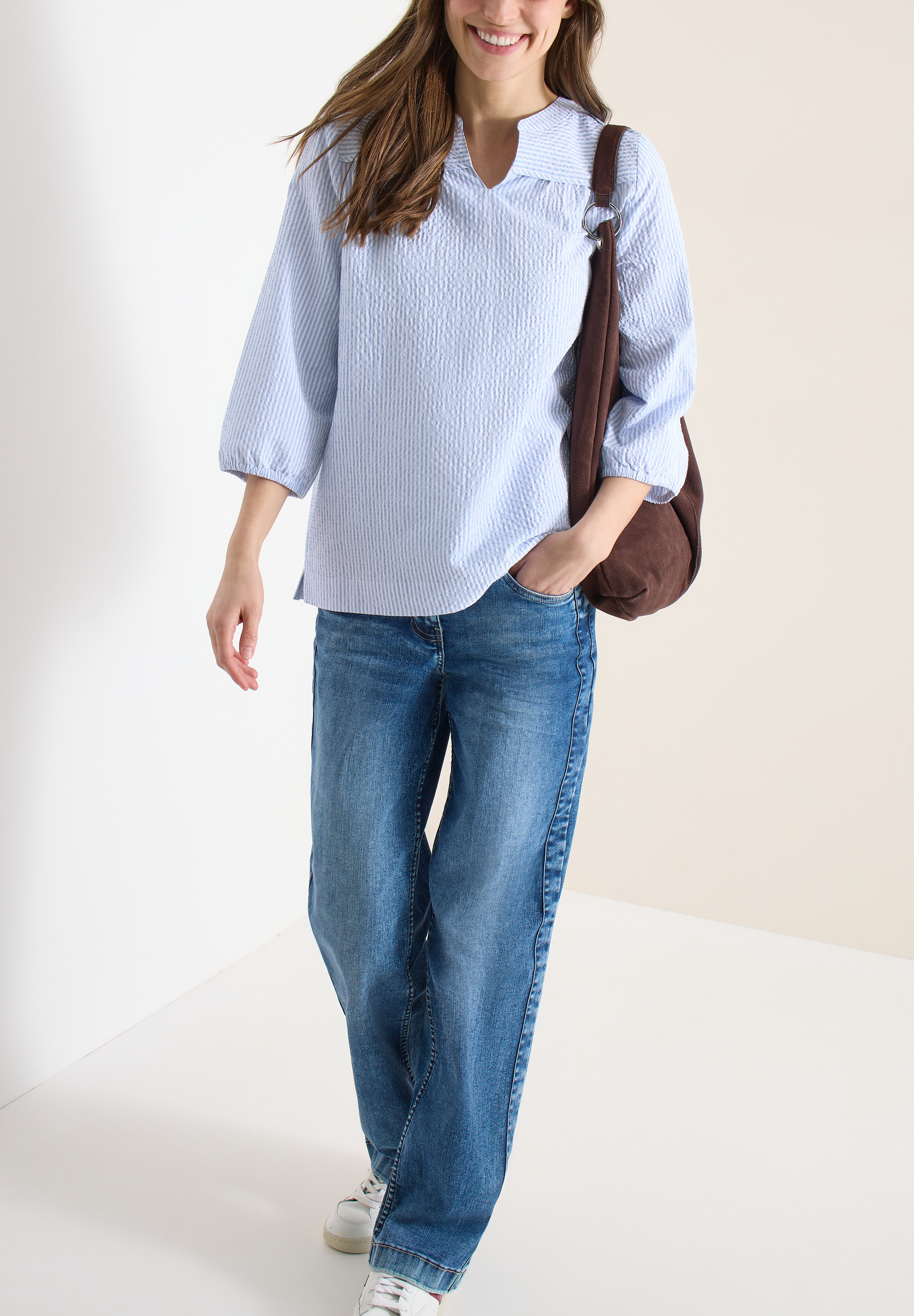 Cecil Hemdbluse 3/4-Arm-Bluse in Seersucker Qualität und Streifen-Optik