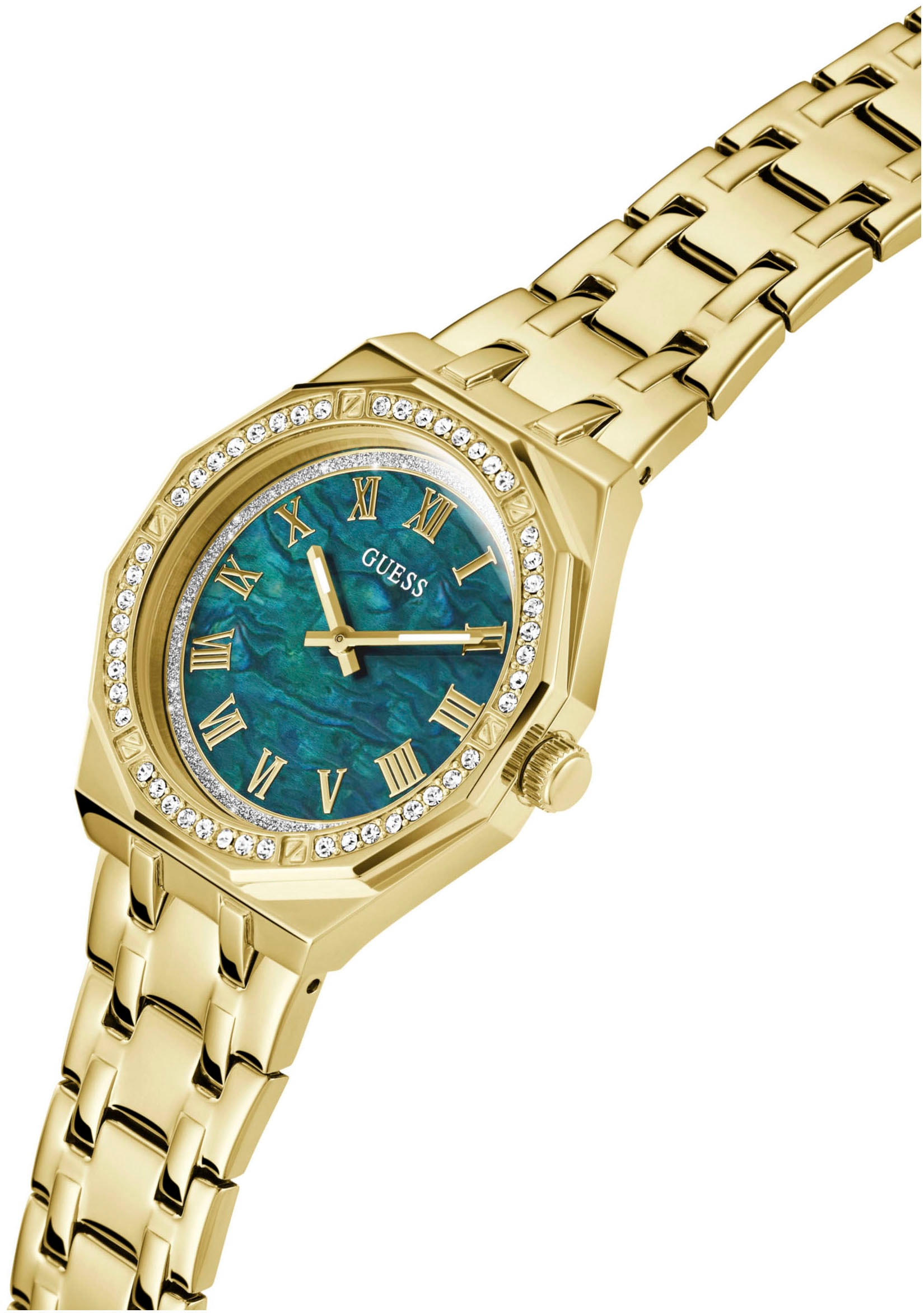 Guess Quarzuhr »DESIRE«, Armbanduhr, Damenuhr, Kristallsteine, Mineralglas, Edelstahlarmband