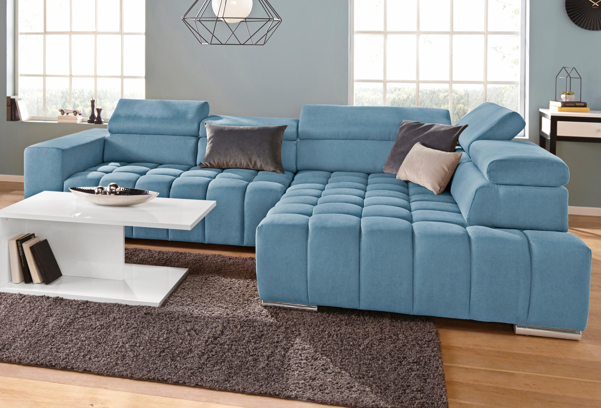 exxpo - sofa fashion Ecksofa »Elias, aktuelle Kreuzsteppung im Sitz, bequem, L-Form«, mit Kopf- bzw. Rückenverstellung, wahlweise mit Bettfunktion
