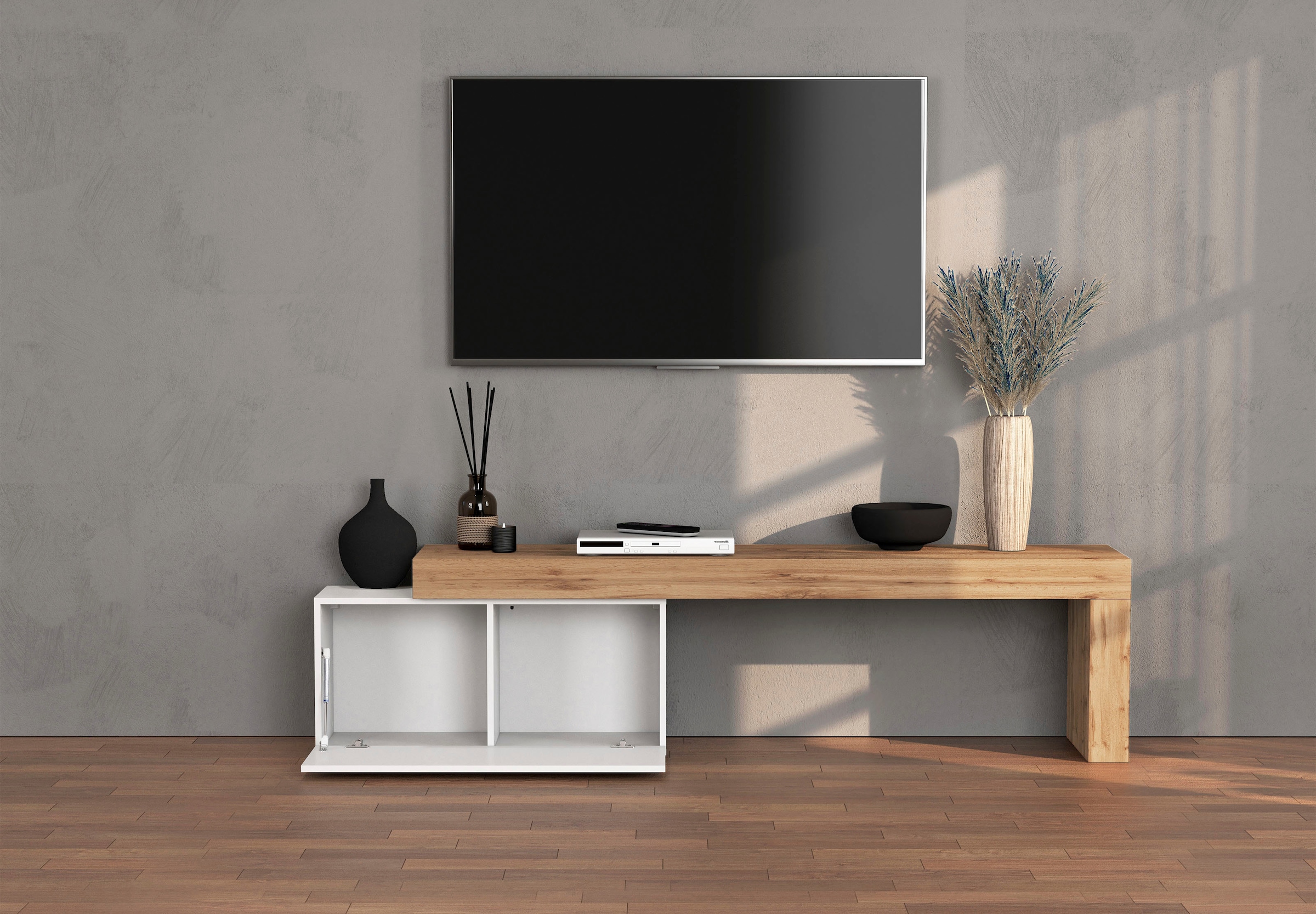 OTTO home Lowboard »Chronos TV-Board, TV-Schrank« Breite verstellbar von 180 bis 260 cm, 1 Stk. tlg. Breite 220 cm TV-Board,Lowboard,1 Klappe und ein L-Förmiger Aufsatz