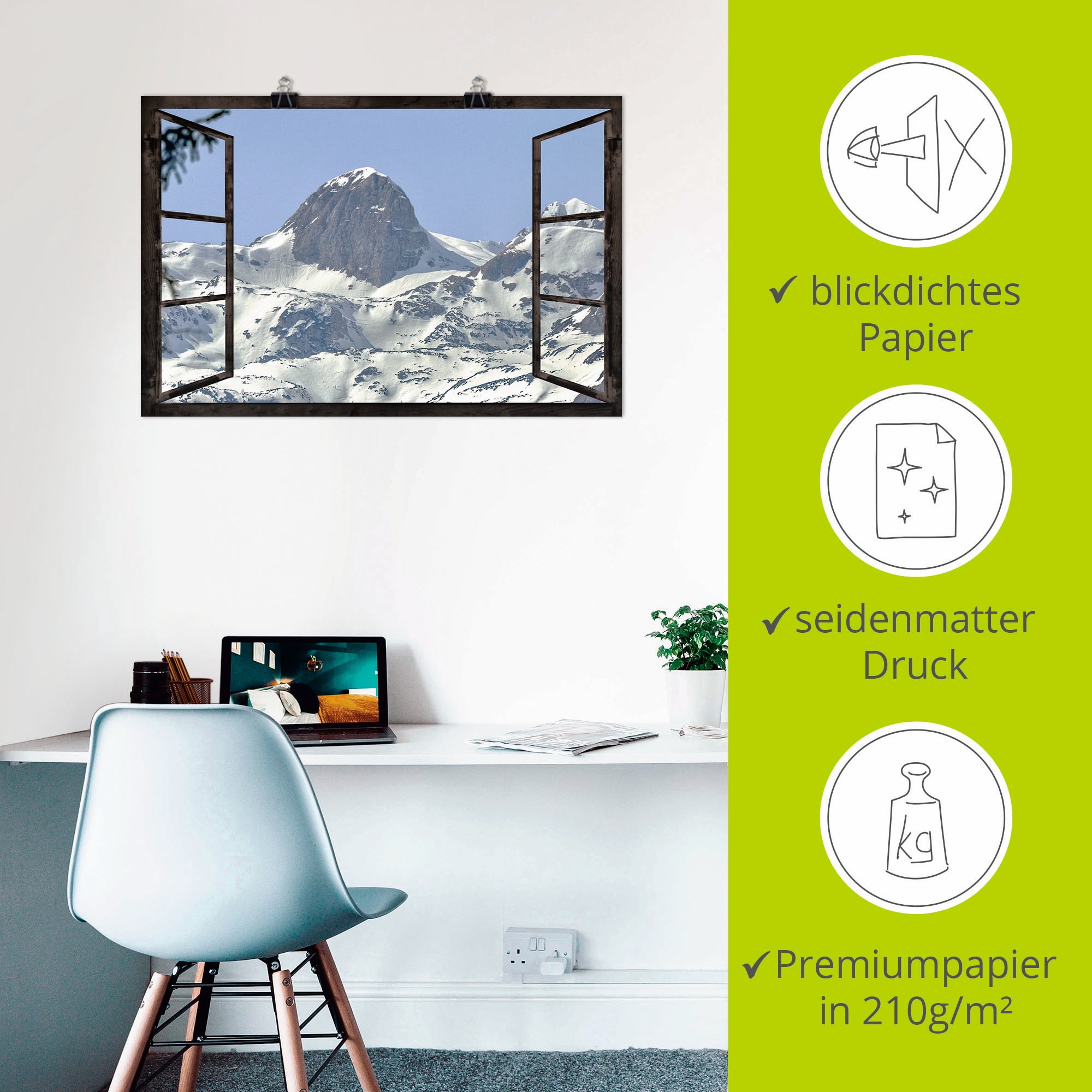 Artland Poster »Fensterblick - Reiteralm«, Berge, (1 St.), als Alubild, Leinwandbild, Wandaufkleber oder Poster in versch. Größen