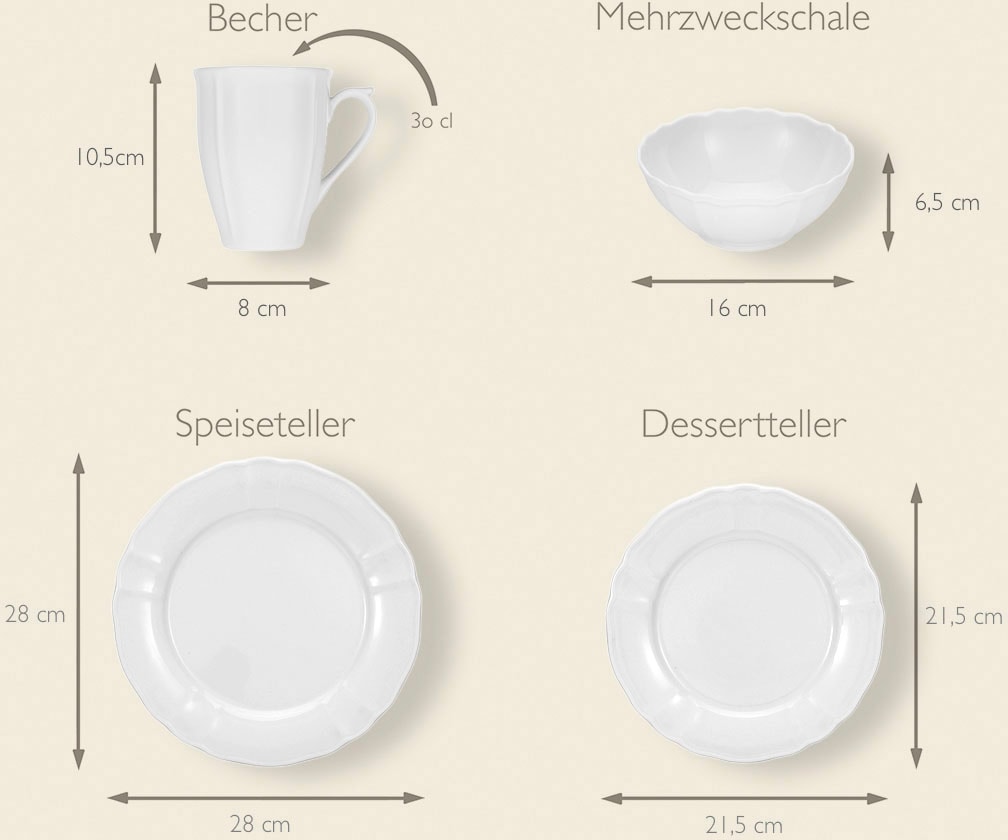 CreaTable Kombiservice »Geschirr-Set Flora«, (Set, 16 tlg., Kaffeeservice und Tafelservice im Set, für 4 Personen), Service weiß, klassische Form im Landhausstil 16 Teile, für 4 Personen