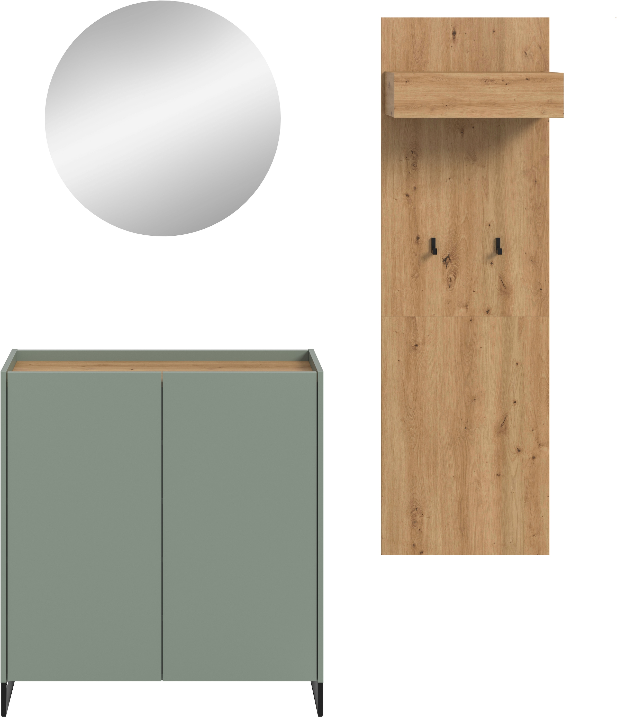 Home affaire Garderoben-Set »EVRID, 3-teilig, Breite 175 cm, individuell stellbar & erweiterbar« best. aus: Kommode, Spiegel & Garderobenpaneel, 3 Stk. tlg.