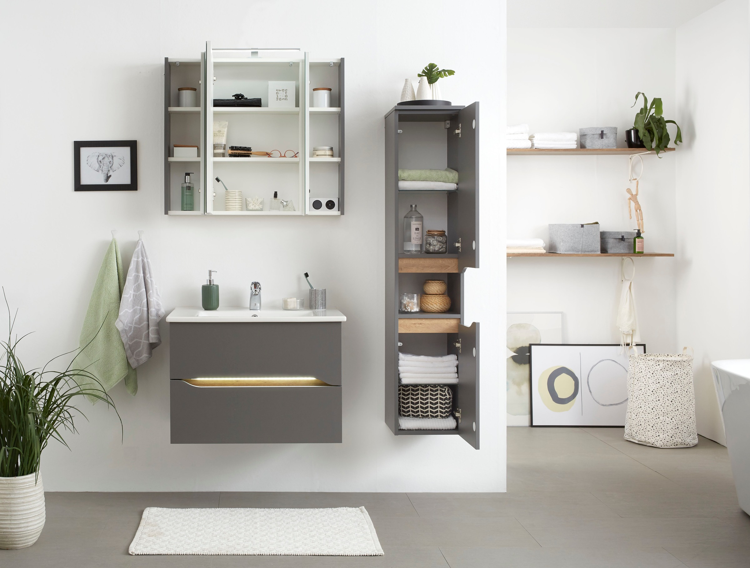 Saphir Badmöbel-Set »Quickset 3-teilig, Keramik-Waschtisch und LED-Spiegelschrank« 5 Stk. tlg.