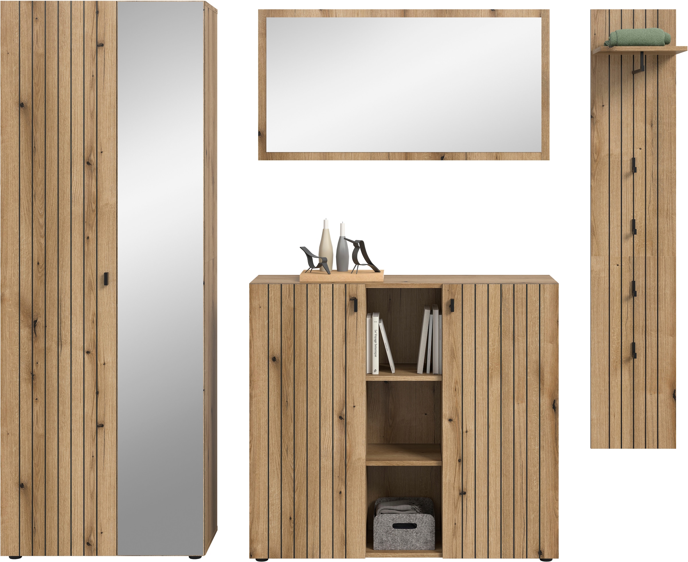 Home affaire Garderoben-Set »TATIO, 4-tlg. Garderobenkombination, Breite: 237 cm, Rillenfräsung« Set, 1 Spiegel, 1 Garderobenschrank, 1 Schuhkommode, 1 Garderobenpaneel, 4 Stk. tlg.