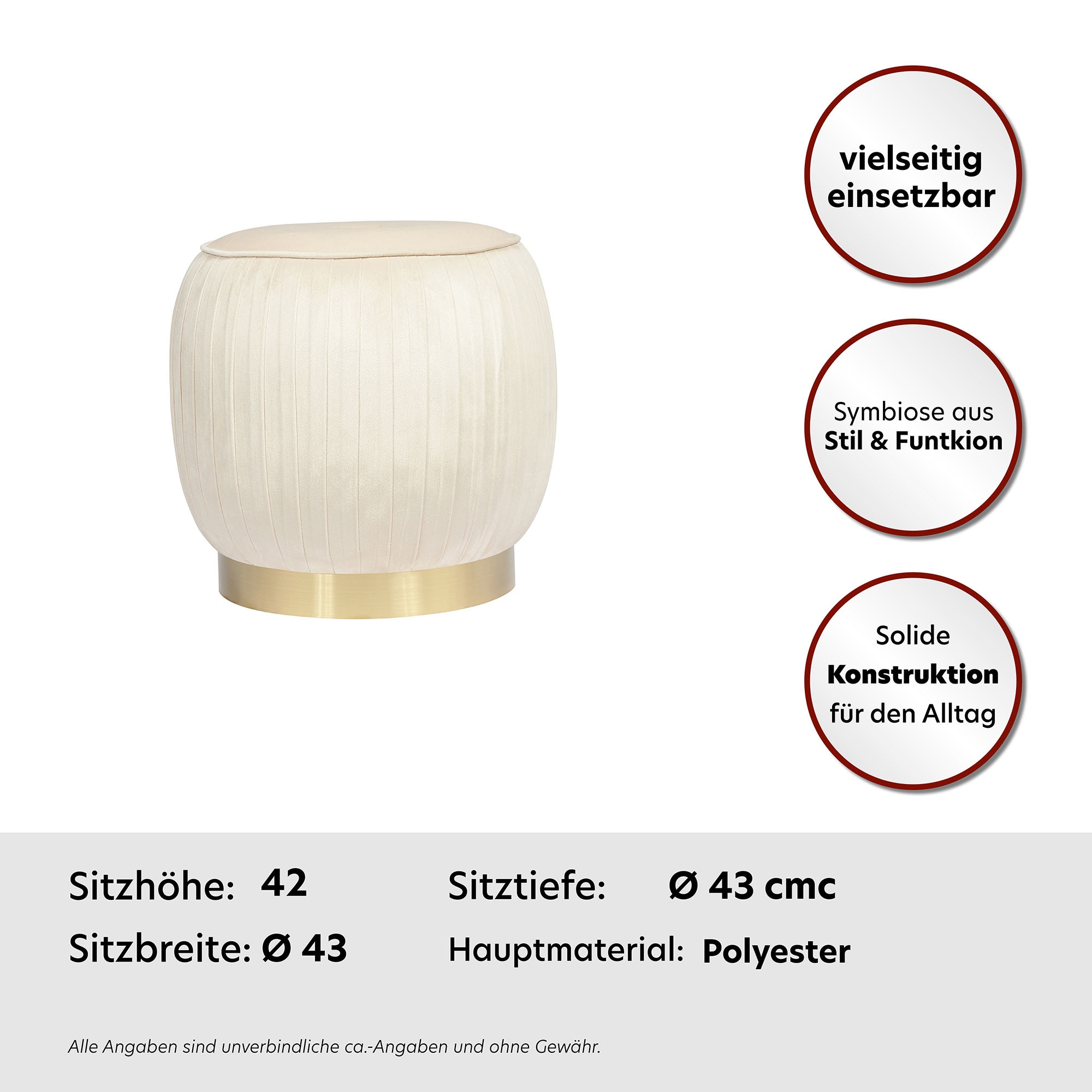 Kayoom Sitzhocker »Hocker Lilje, Edler Touch durch goldenen Sockel,Hochwertiger Samtbezug« 1 Stk. tlg. samtweich, gesteppte Ziernaht, Edelstahlsockel, Hochwertiger Samtbezug