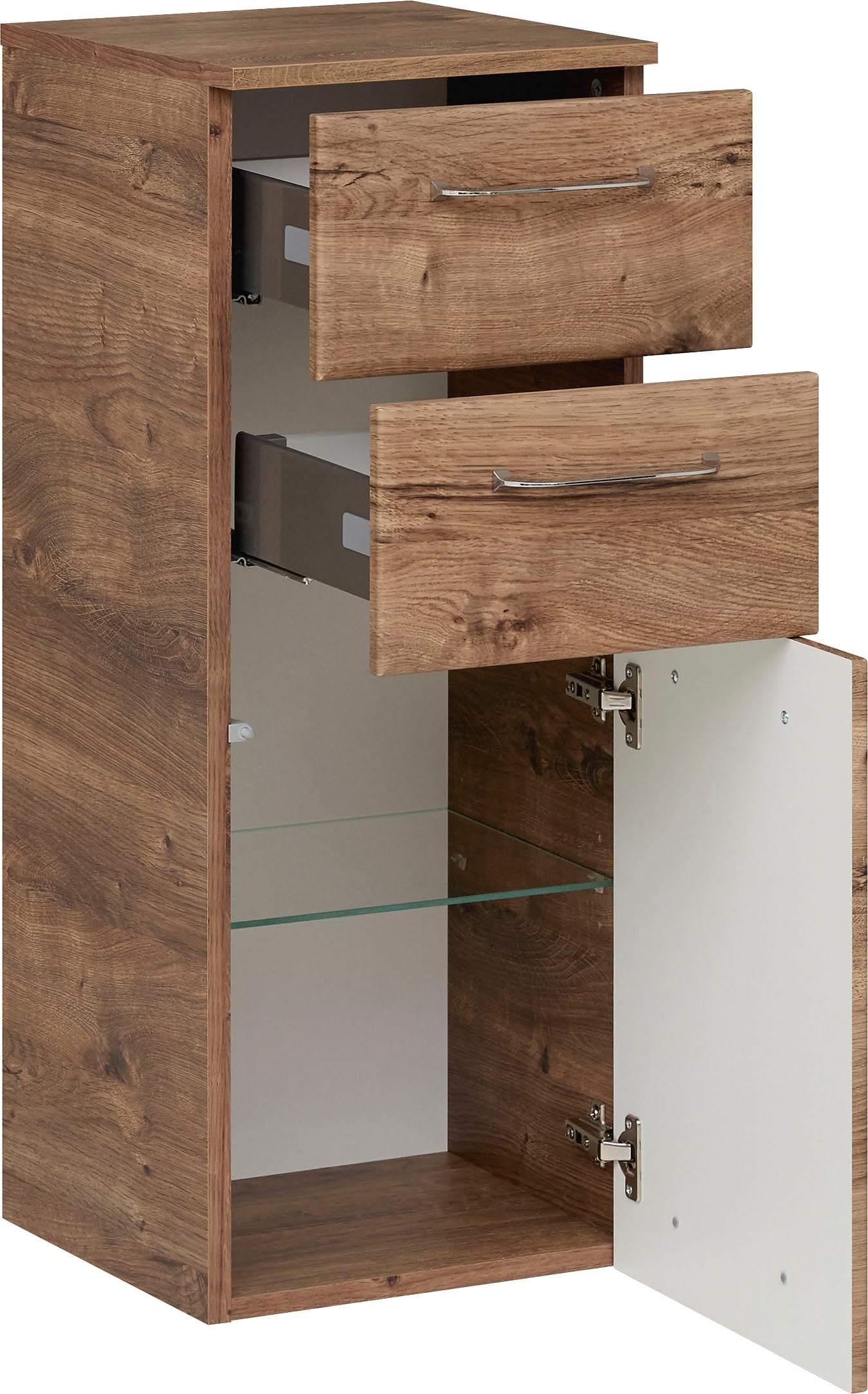 Saphir Unterschrank »Quickset Badschrank mit 1 Tür und 2 Schubladen, 35 cm breit«, Badezimmer-Unterschrank inkl. Türdämpfer, Griffe in Chrom Glanz