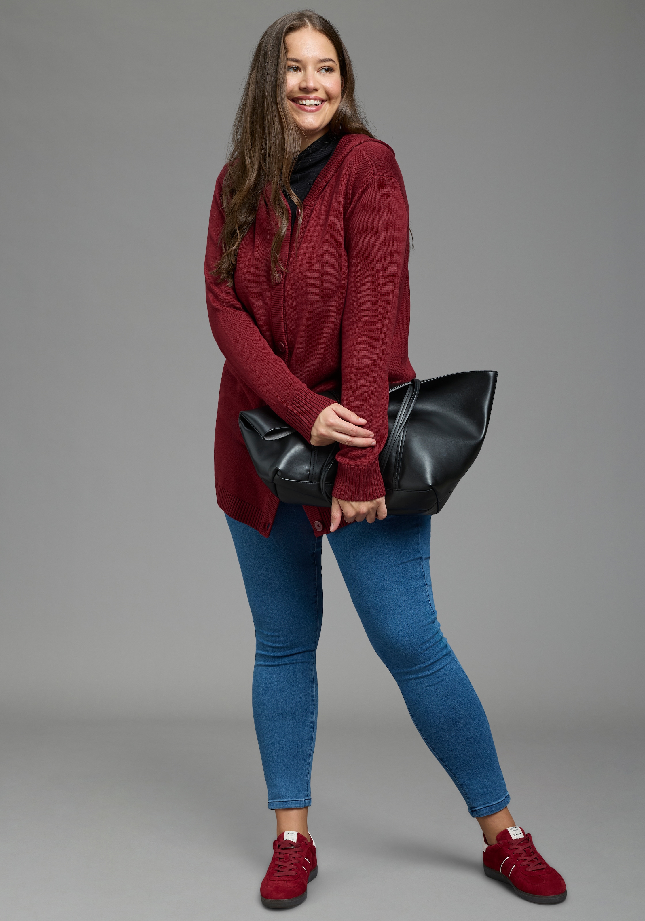 Laura Scott CURVE Kapuzenstrickjacke »Große Größen« mit langem Schnitt, figurumspielende Passform, Langarm