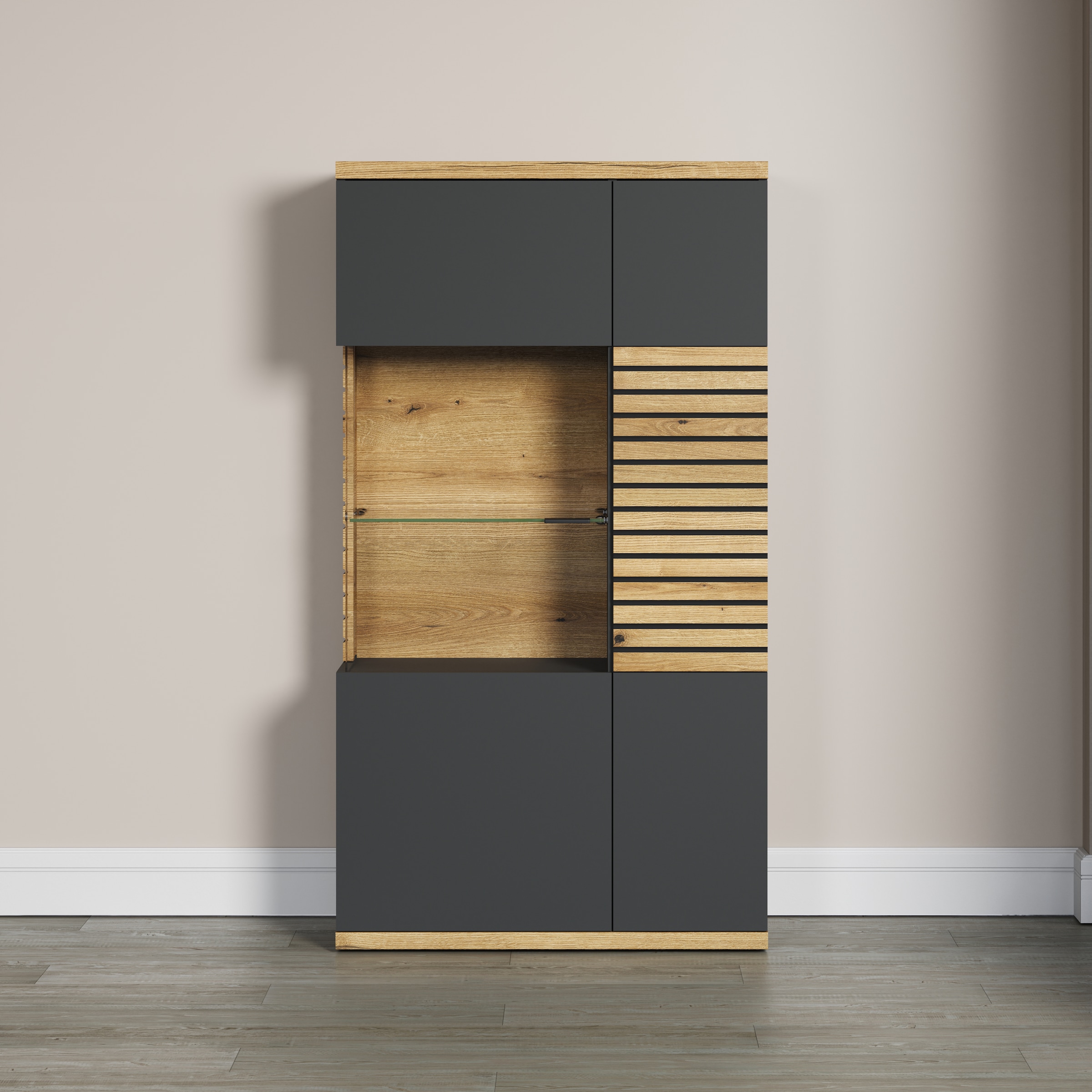 INOSIGN Highboard »Galway«, Vitrine in angesagter Rillenoptik mit viel Stauraum - Soft-Close