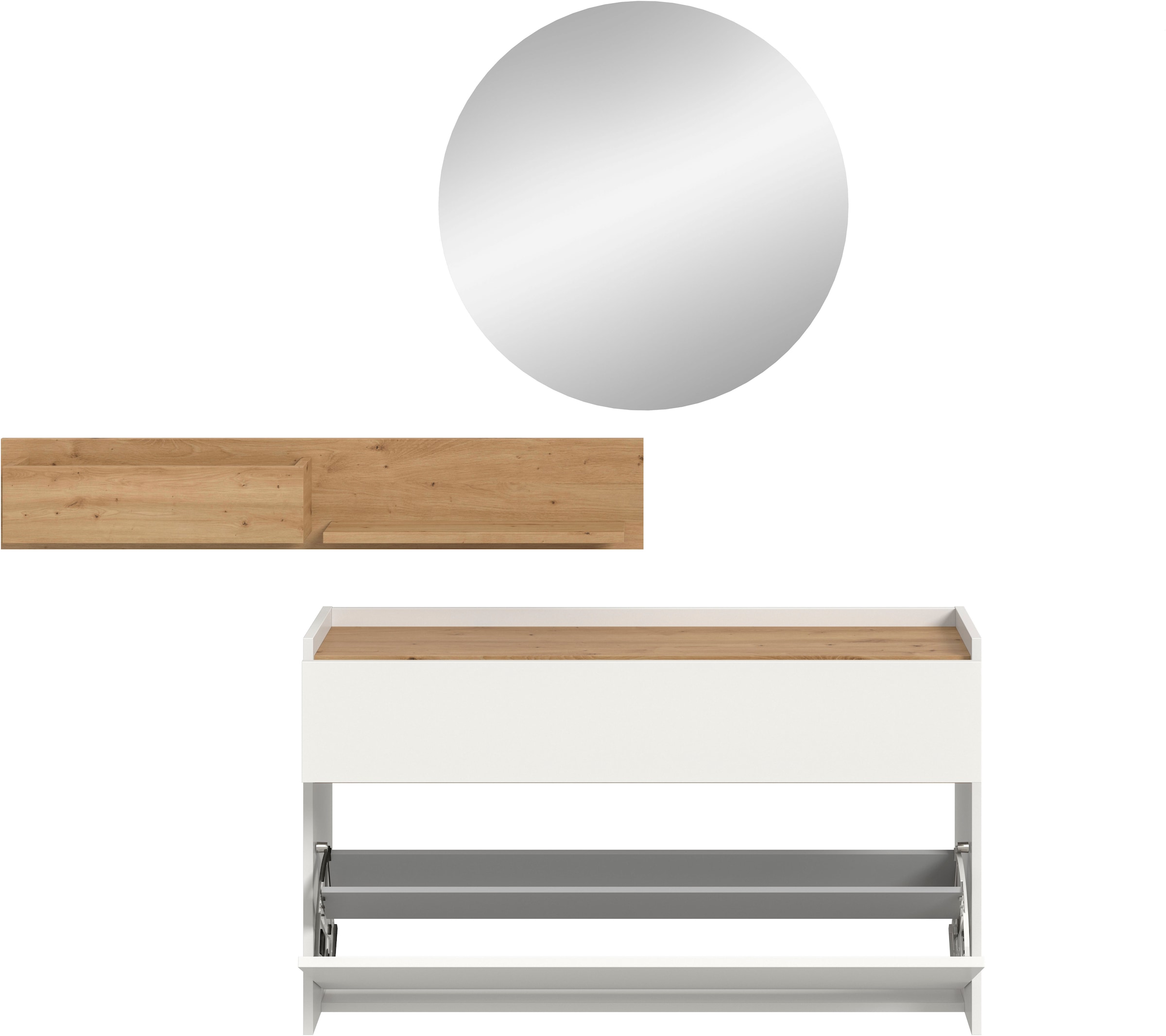 INOSIGN Garderoben-Set »EVRID, 3-teilig, Breite 140 cm, individuell hängbar & erweiterbar« best. aus: Kommode, Wandboard & Spiegel, 3 Stk. tlg. Garderobenkombination, Garderobe, Wandgarderobe, Flur, Diele
