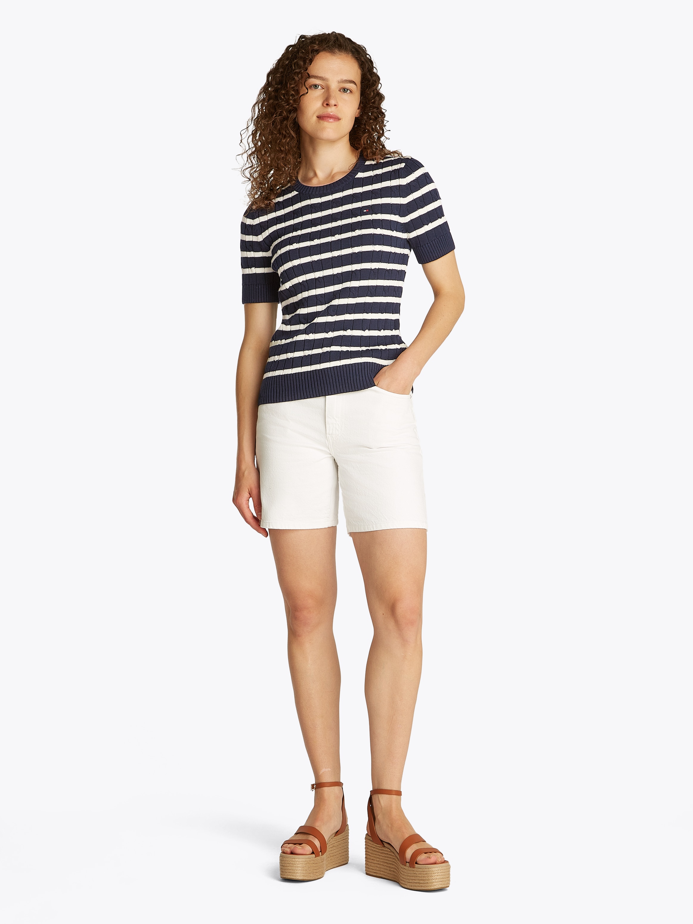 Tommy Hilfiger Kurzarmpullover »1985 CO MINI CABLE C-NK SS SWT«, in tollem Strickmuster