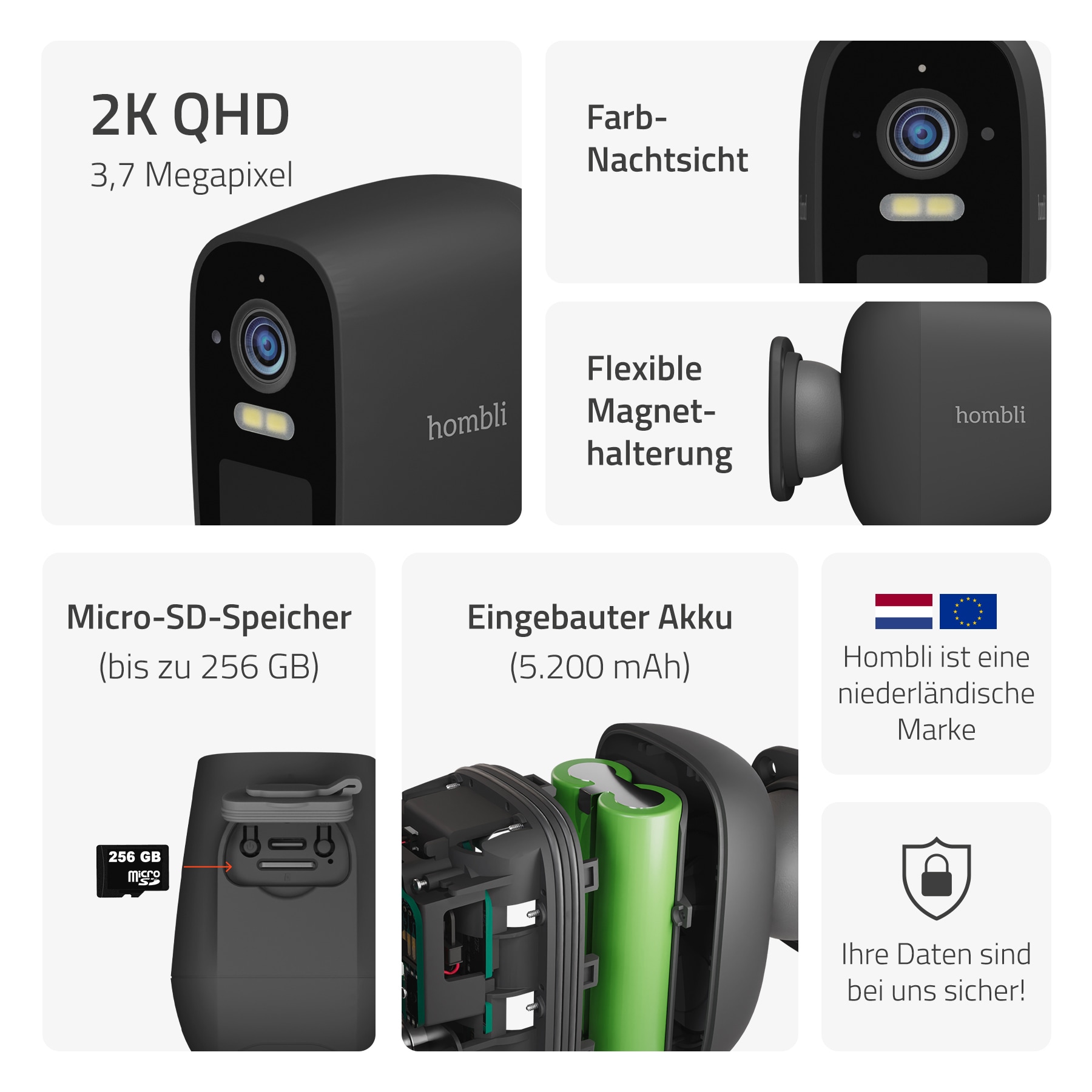 Hombli Überwachungskamera »smarte Batterie Kamera«, Außenbereich, 2K QHD, farbige Nachtsicht, integrierte Sirene und Flutlicht