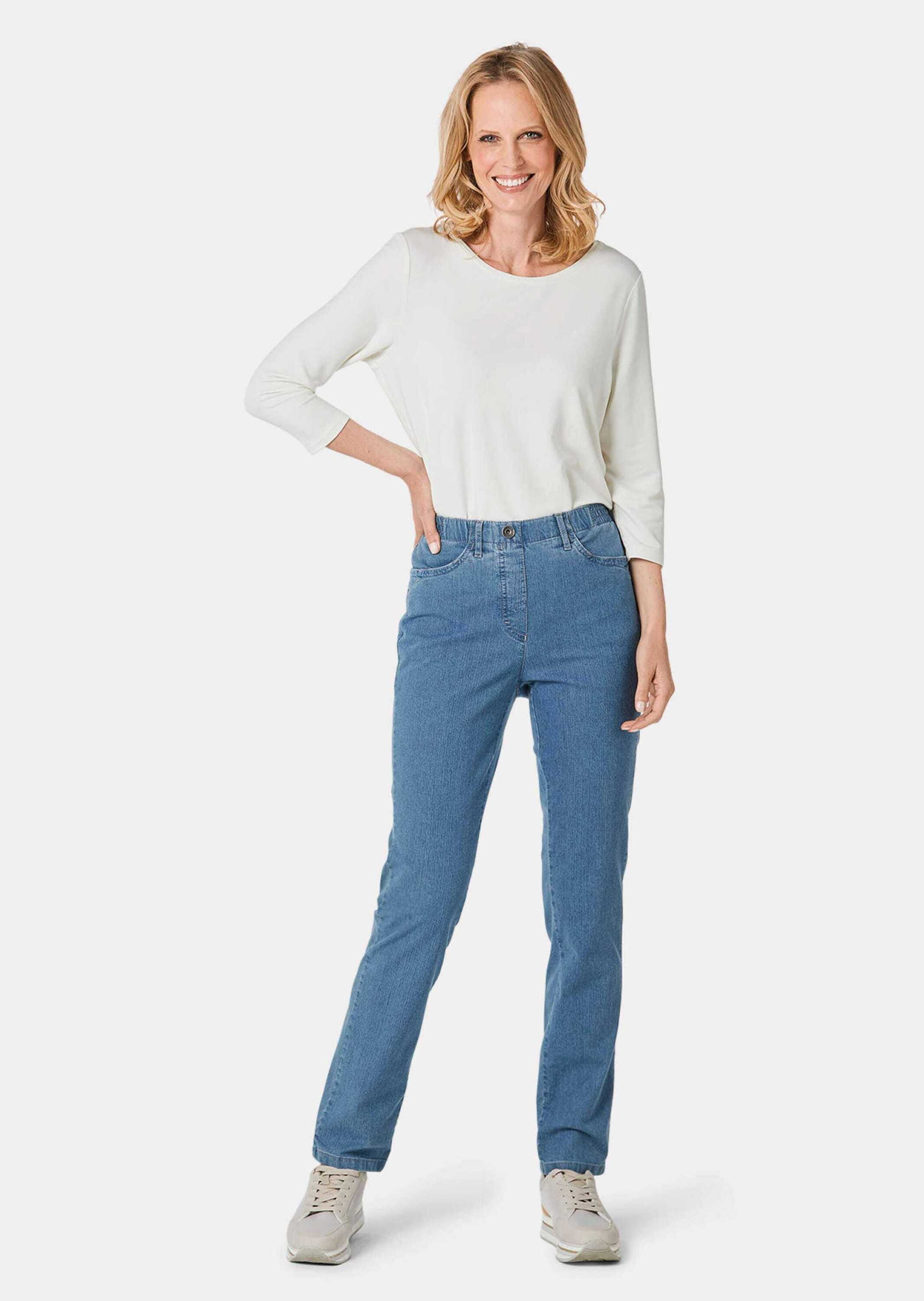 GOLDNER Regular-fit-Jeans »Edel geschmückte Jeansschlupfhose MARTHA« Reißverschlussoptik mit Knopf vorne