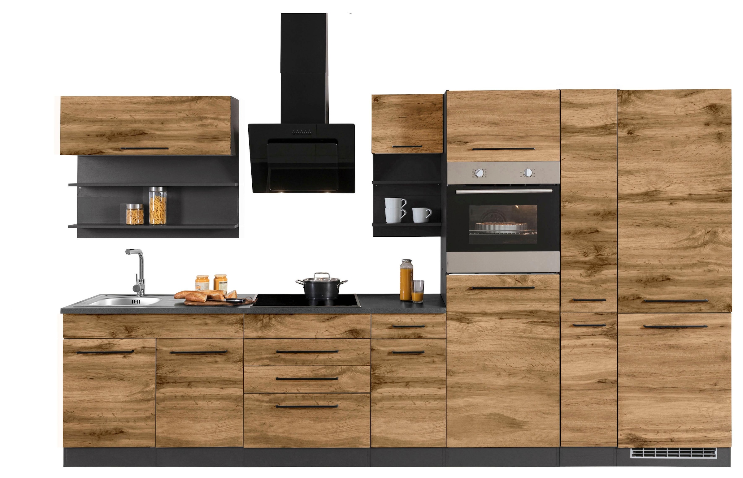 KOCHSTATION Küchenzeile »KS-Tulsa«, ohne E-Geräte, Breite 360 cm, schwarze Metallgriffe, MDF Fronten