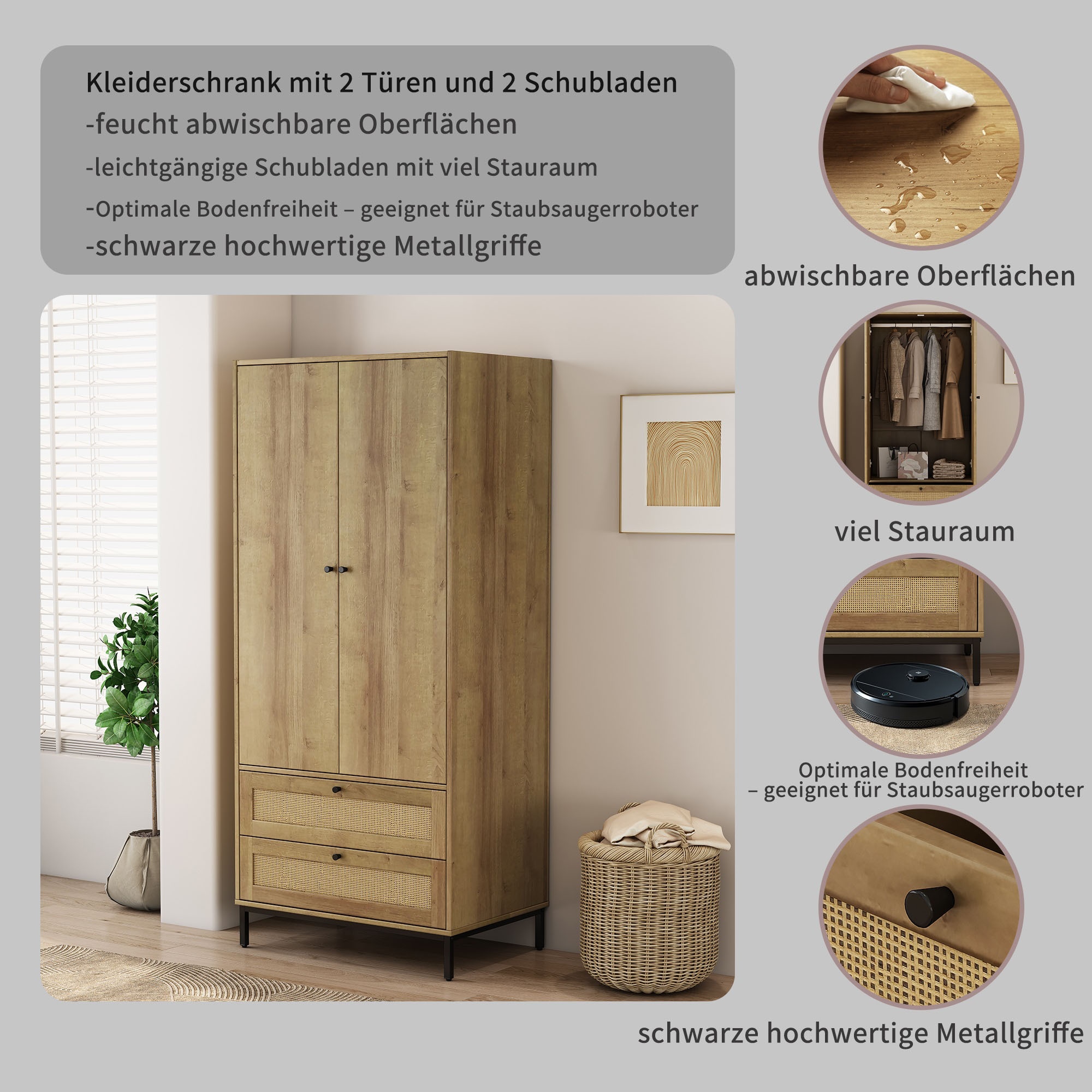 OTTO home Kleiderschrank »Motala Schlafzimmerschrank Garderobe Boho Eichen-Design Bestseller« Moderne schwarze Griffe, Schublade mit Geflecht,  Schlafzimmerschrank mit 2 Türen und 2 Schubladen