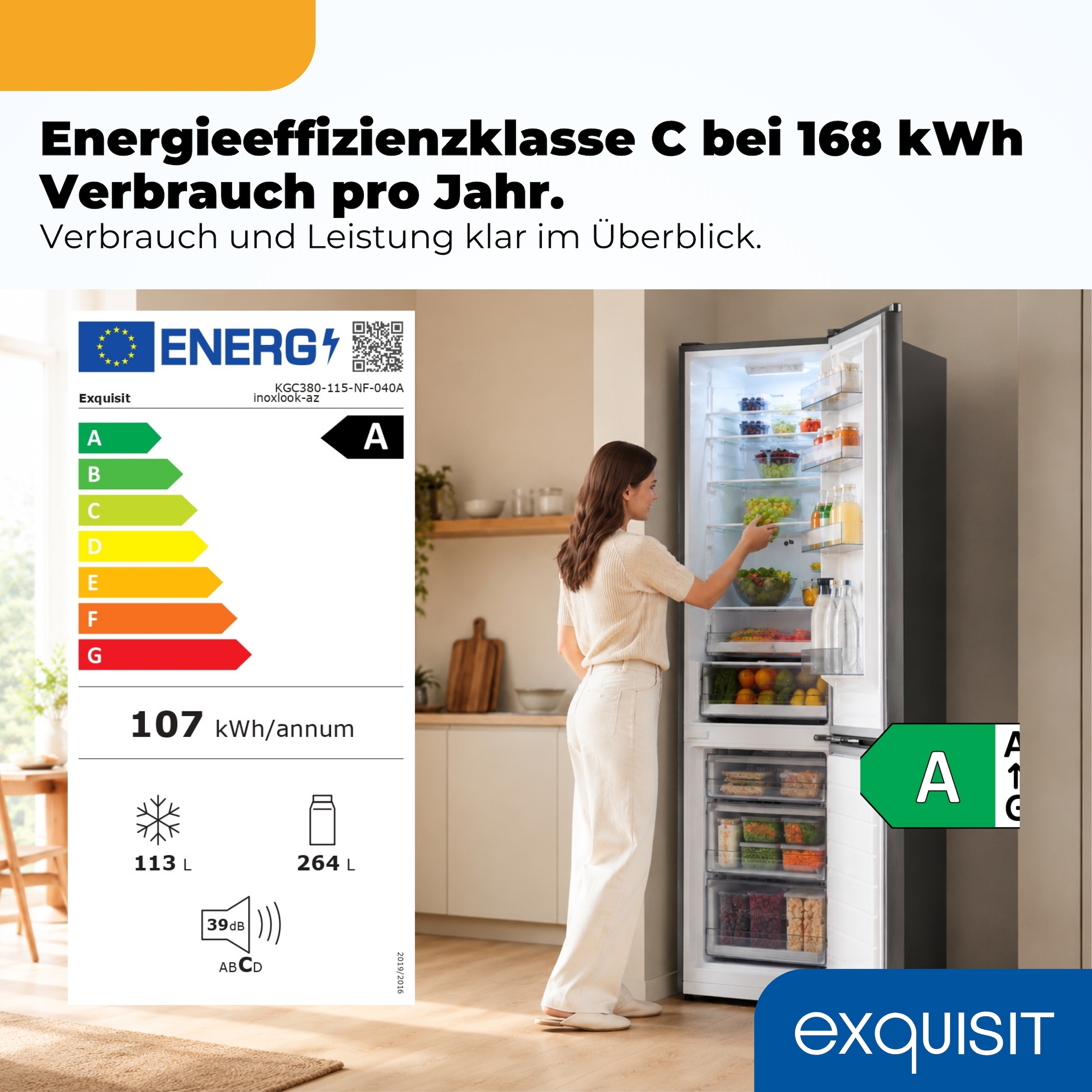 exquisit Kühl-/Gefrierkombination »KGC380-115-NF-040A inoxlook-az« 200,5 cm hoch 59,5 cm breit Humidity Box für optimale Feuchtigkeitsregulierung & kein Abtauen mehr